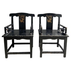 Pair of Chinese Chair in Lacquered Black Wood and Gold from Late 19th Century