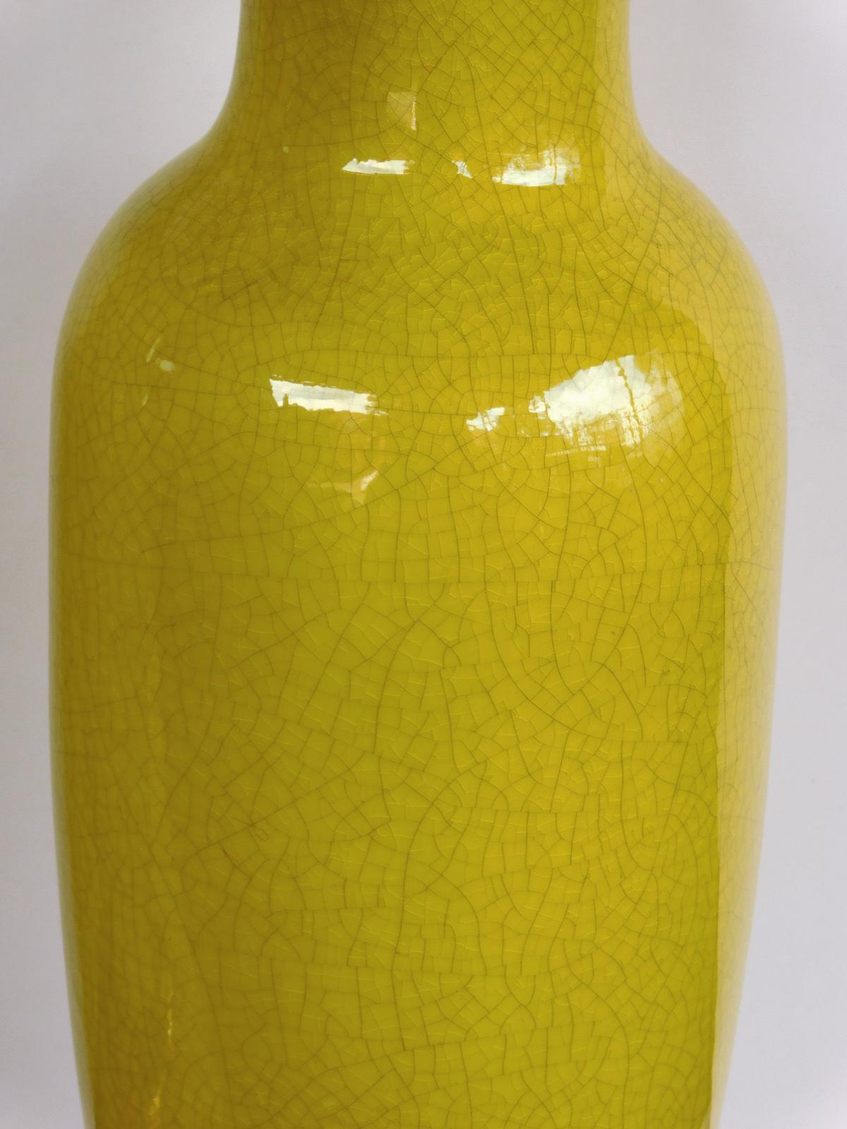 Chinese Export Pair of Chinese Chartreuse-Yellow Crackle-Glaze Ceramic Lamps
