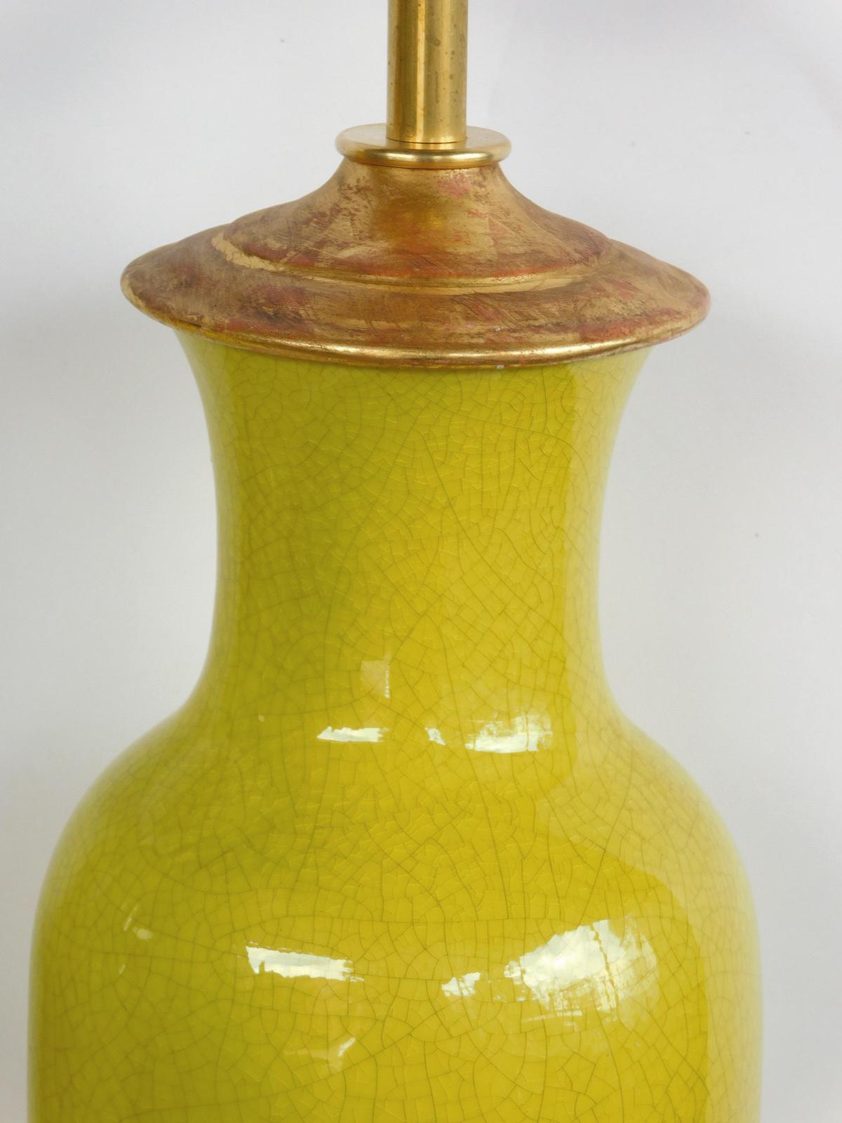 Glazed Pair of Chinese Chartreuse-Yellow Crackle-Glaze Ceramic Lamps