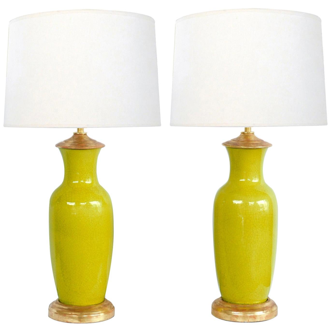 Pair of Chinese Chartreuse-Yellow Crackle-Glaze Ceramic Lamps