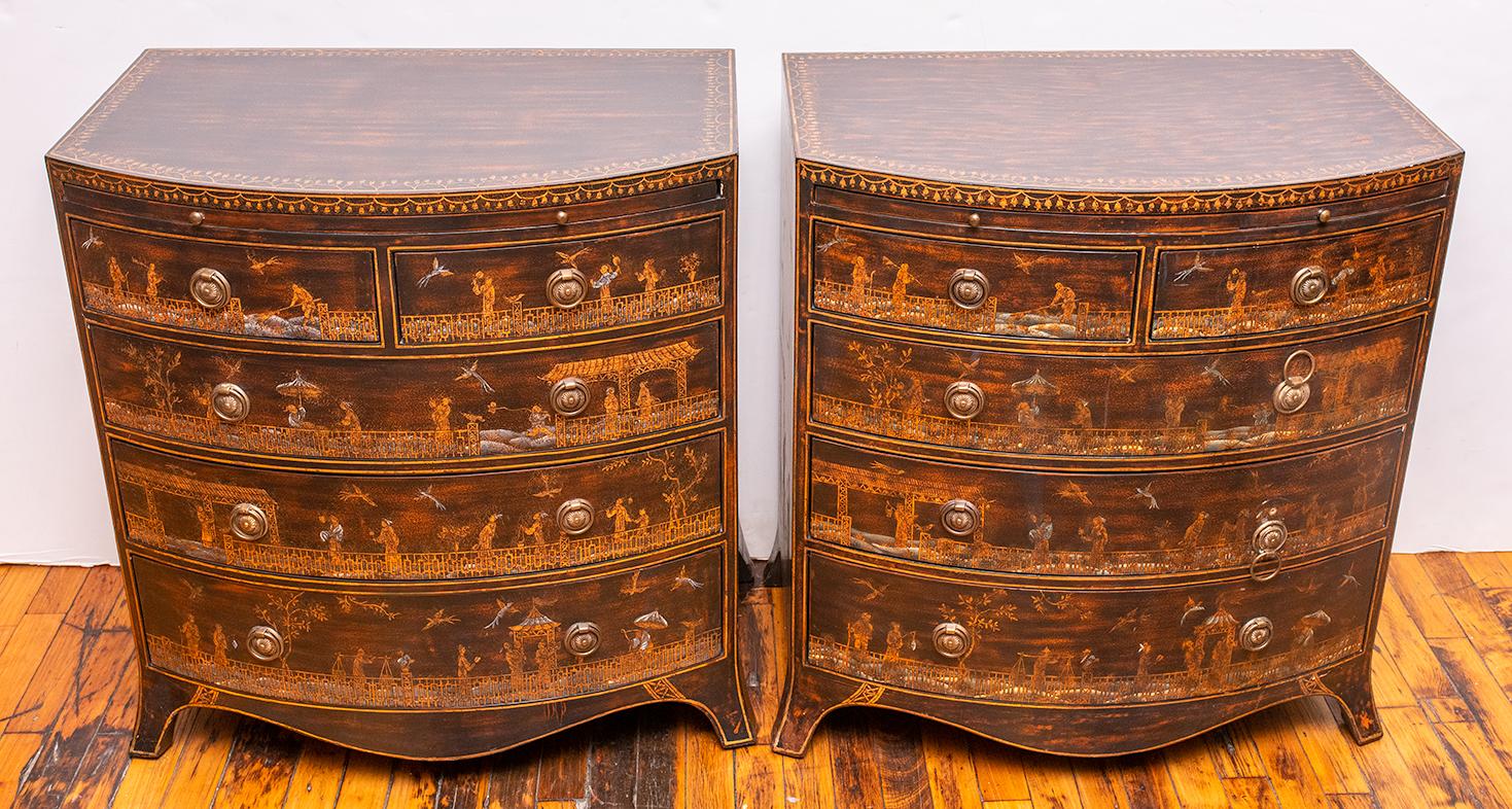 Pair of Chinoiserie Maitland Smith hand painted chests. Made in Indonesia in the 1970's.