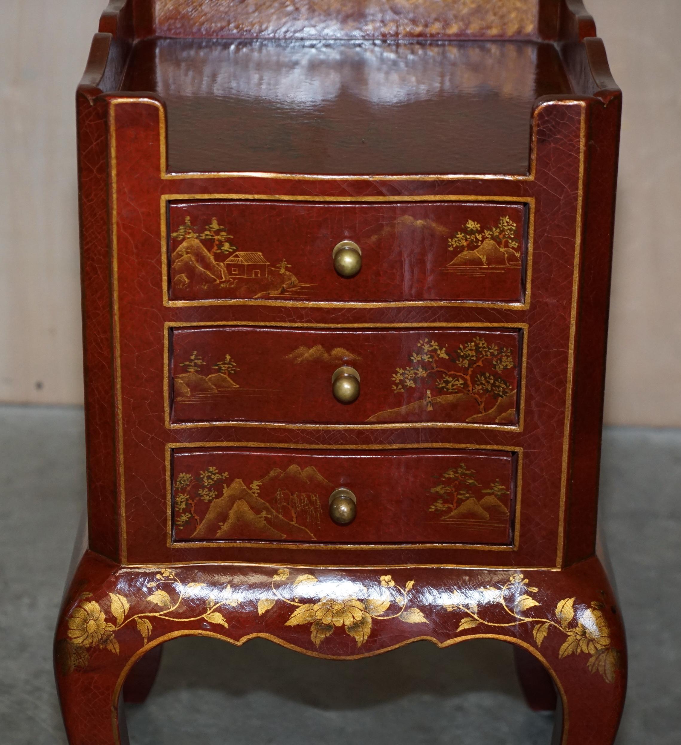 Pair of Chinese Chinoiserie Red Lacquer Three Drawer Bedside / Side Lamp Tables For Sale 8
