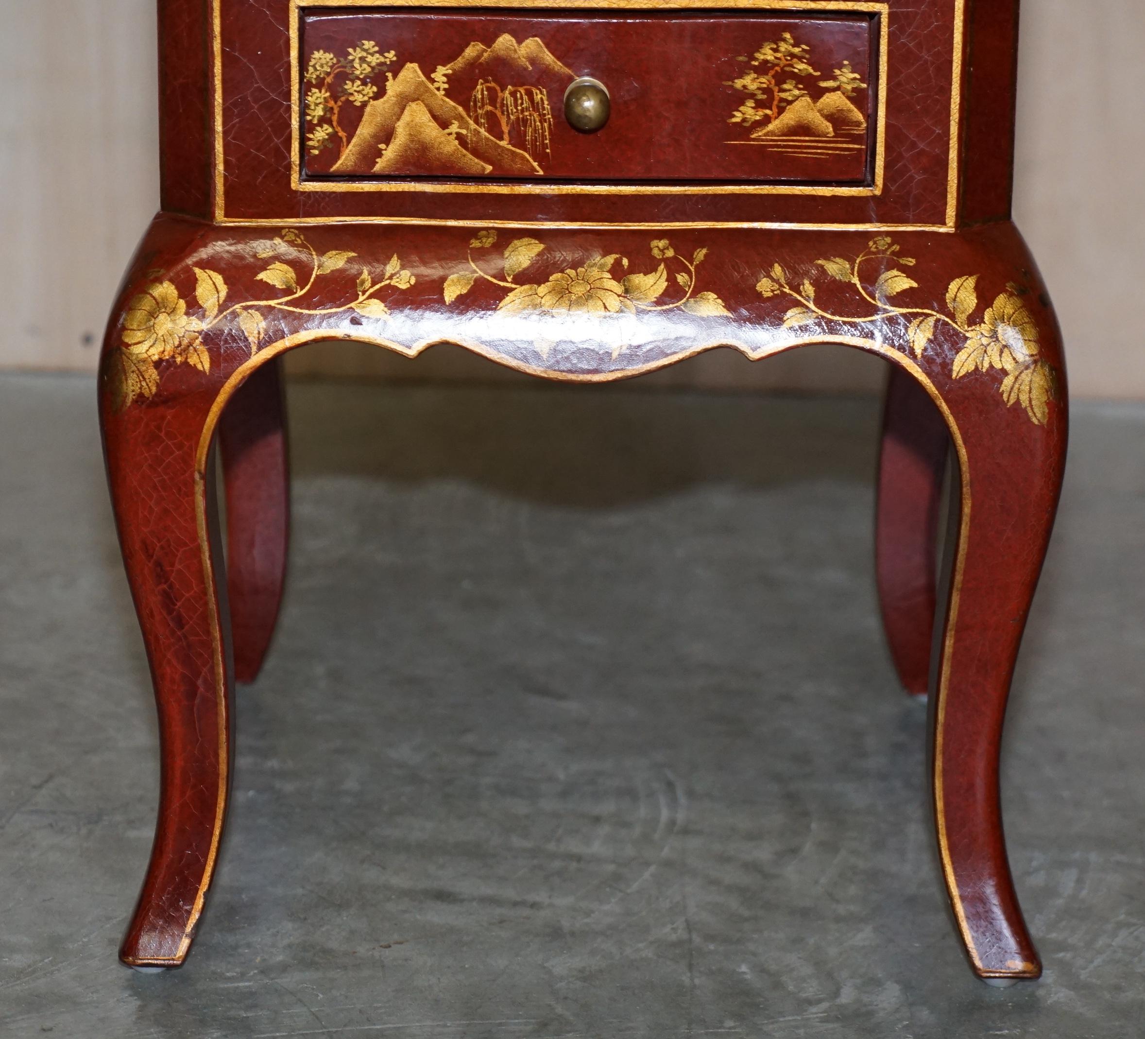 Pair of Chinese Chinoiserie Red Lacquer Three Drawer Bedside / Side Lamp Tables For Sale 9