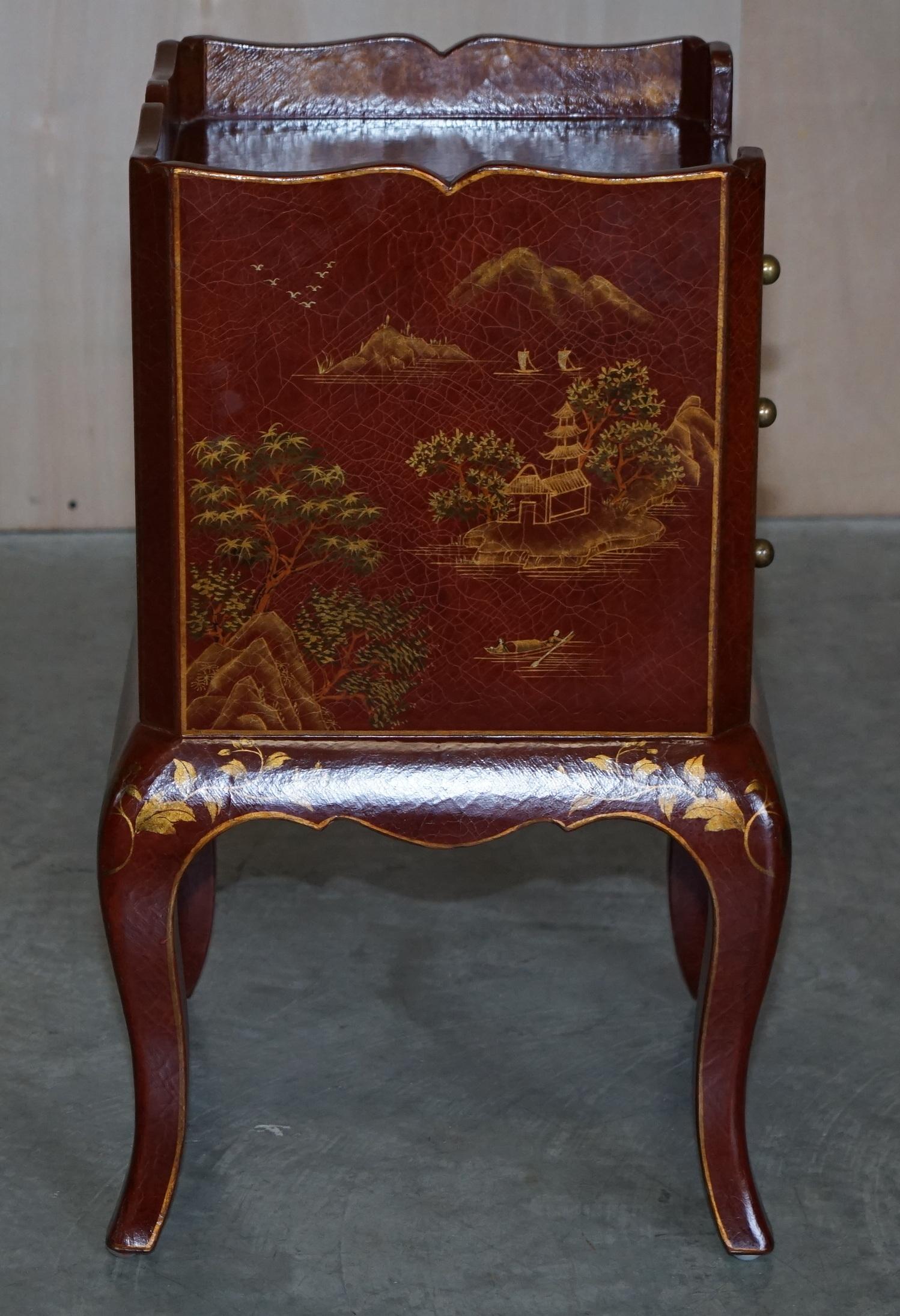 Pair of Chinese Chinoiserie Red Lacquer Three Drawer Bedside / Side Lamp Tables For Sale 12