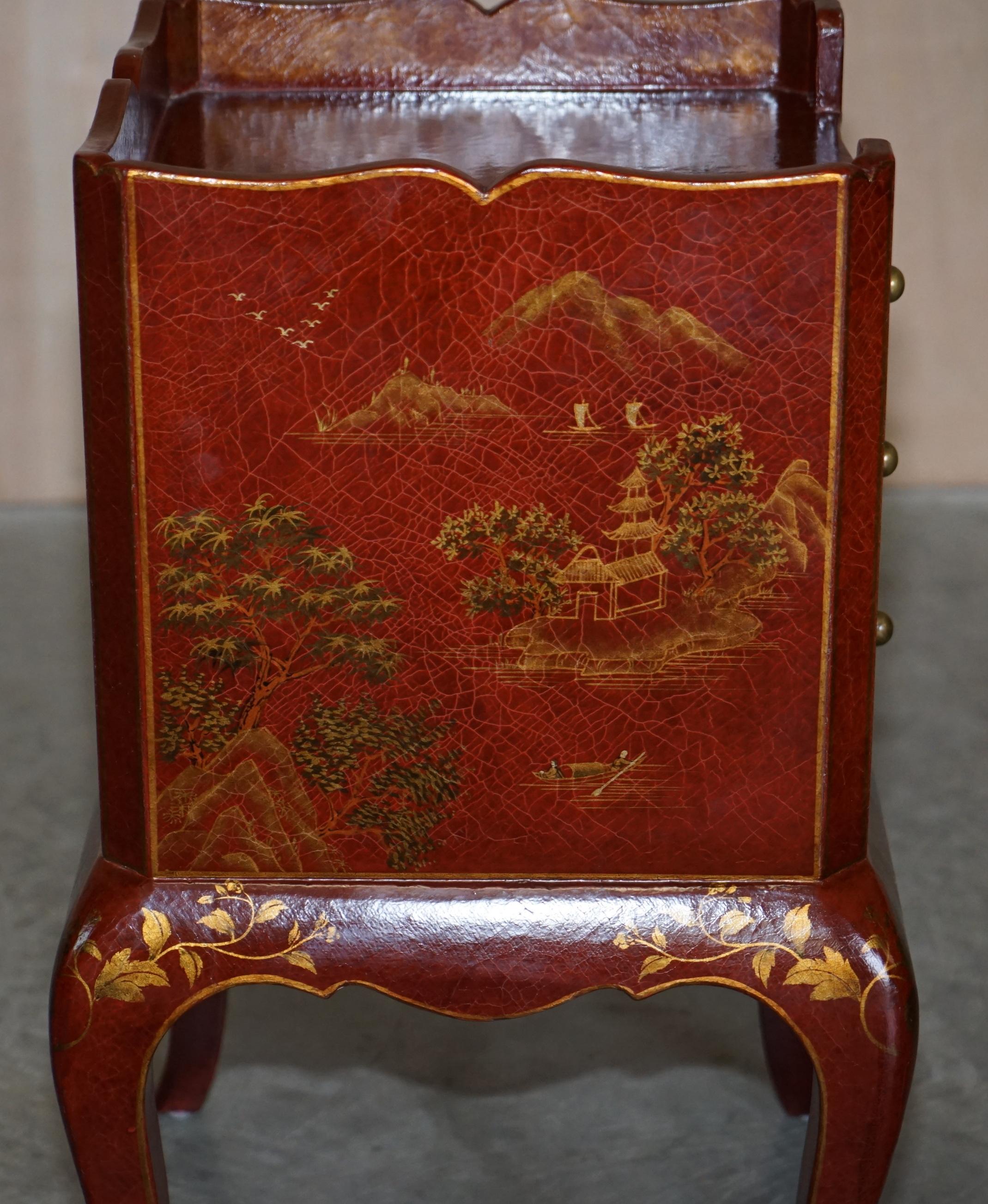 Pair of Chinese Chinoiserie Red Lacquer Three Drawer Bedside / Side Lamp Tables For Sale 13