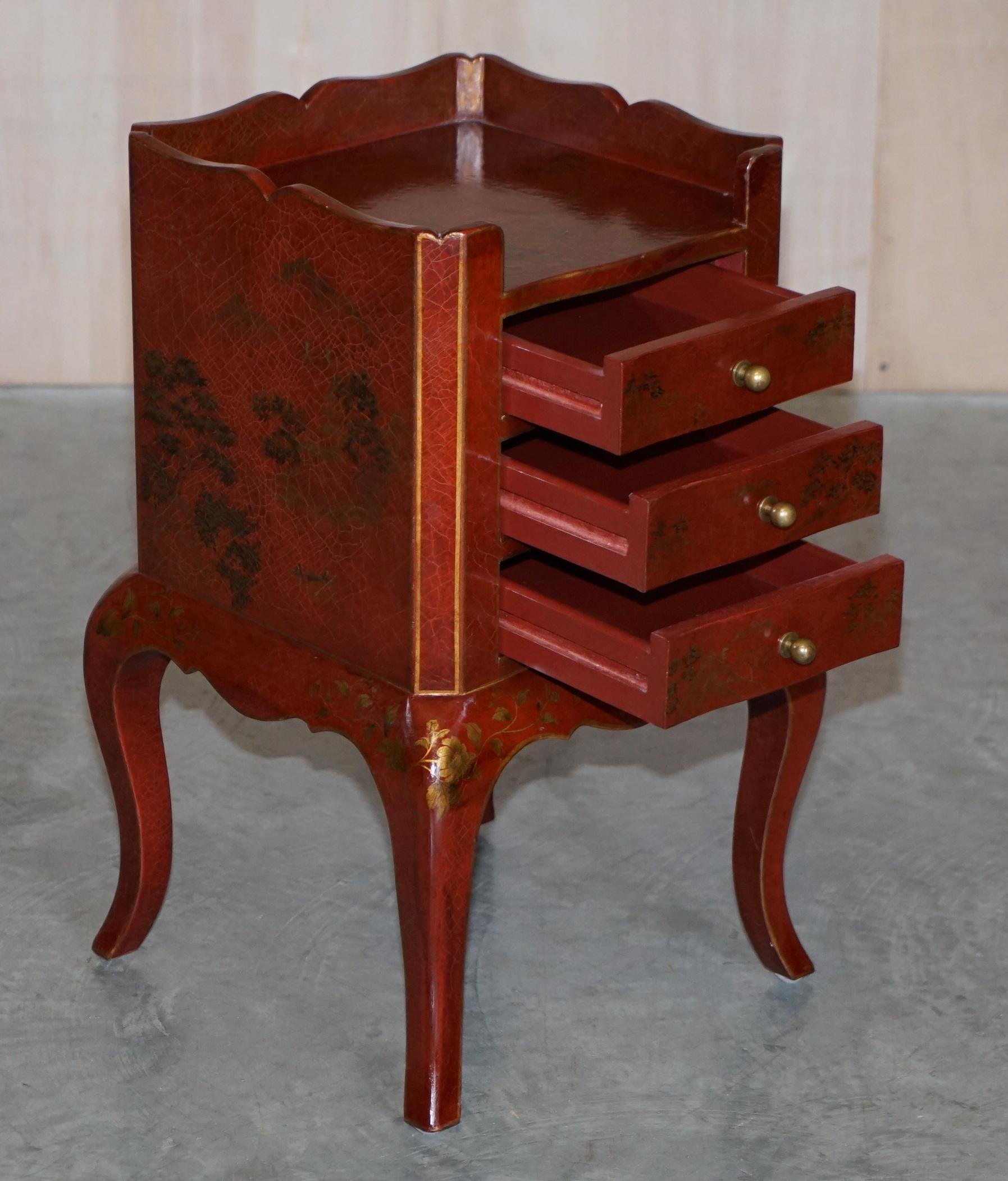 Pair of Chinese Chinoiserie Red Lacquer Three Drawer Bedside / Side Lamp Tables For Sale 14