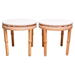 Pair of Chinese Chinoiserie Wood Tables with Travertine Tops