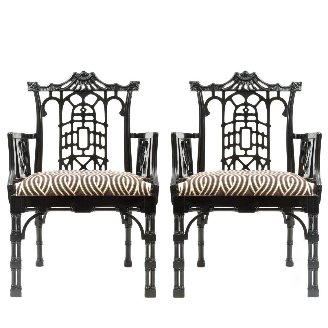 Pair of Chinese Chippendale Carved Fretwork Armchairs
