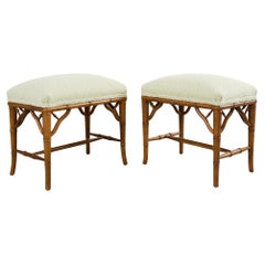 Pair of Chinese Chippendale Faux Bamboo Benches withe Scalamandre