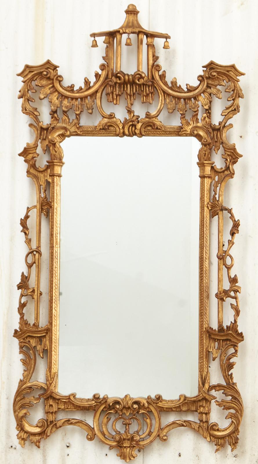 Italian Pair of Chinese Chippendale Gilt and Bronze Pagoda Mirrors