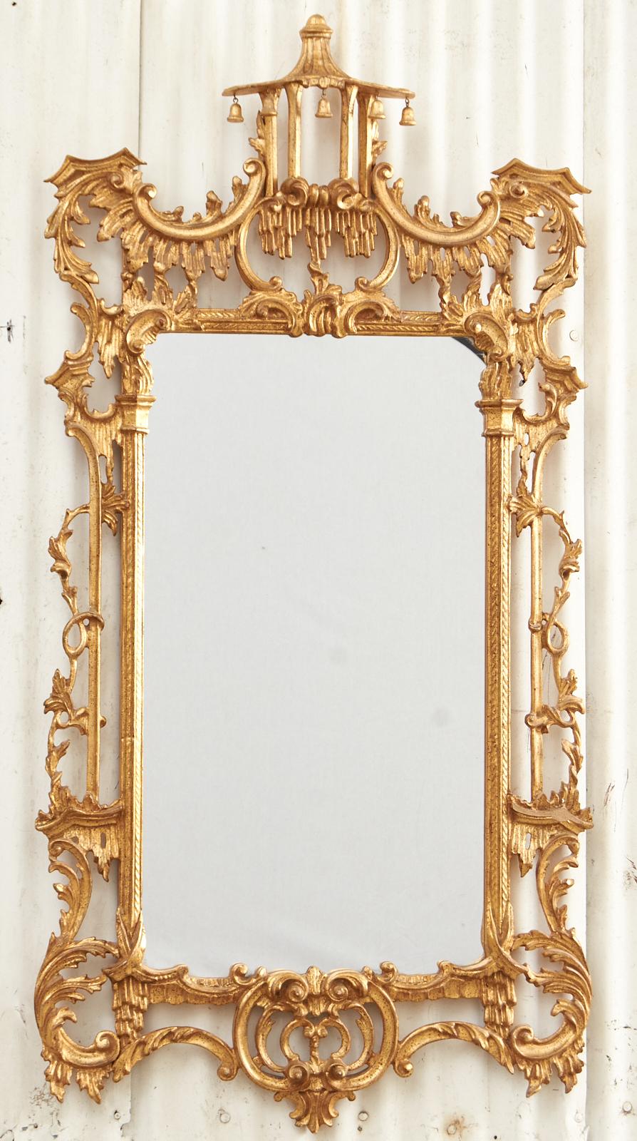 Hand-Crafted Pair of Chinese Chippendale Gilt and Bronze Pagoda Mirrors