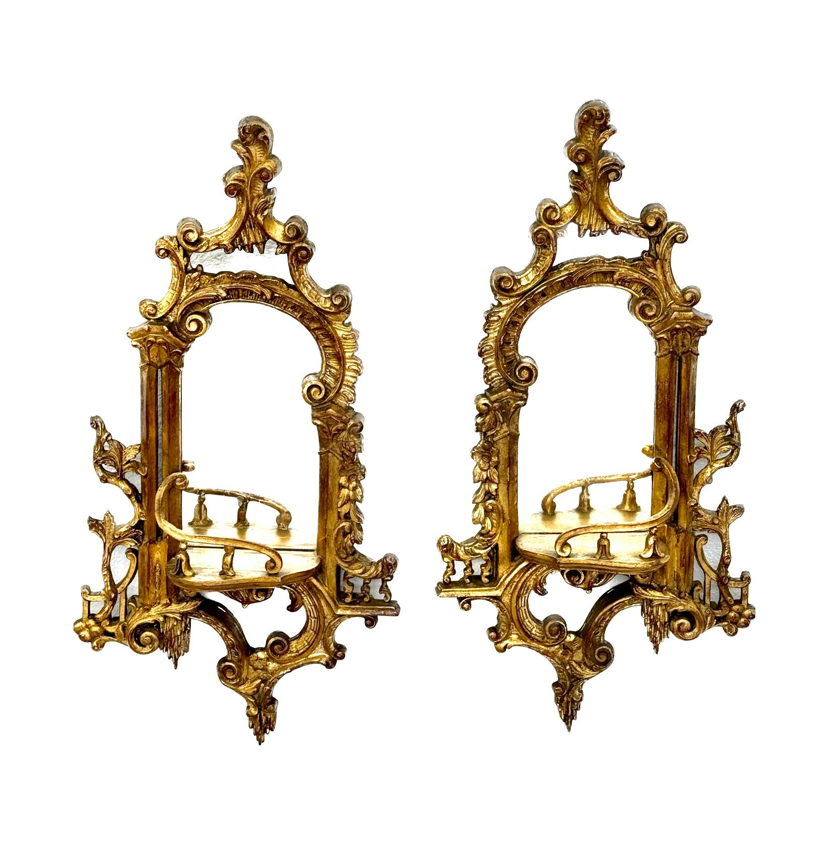 Pair Of Chinese Chippendale Gilt Mirrored Wall Brackets In Good Condition In Bradenton, FL