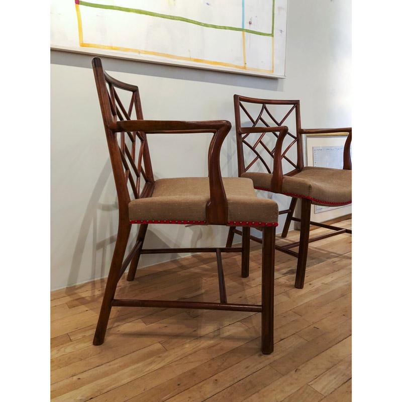 Pair of Chinese Chippendale Mahogany Lattice Back Armchairs In Good Condition In New York, NY