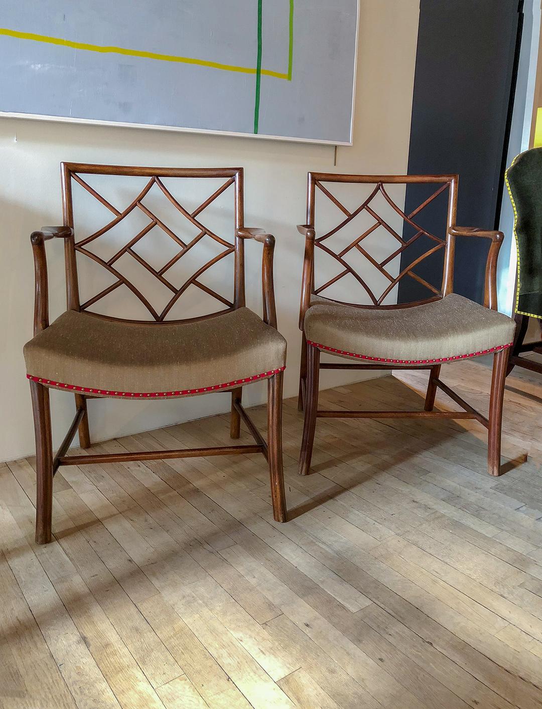 Pair of Chinese Chippendale Mahogany Lattice Back Armchairs 1