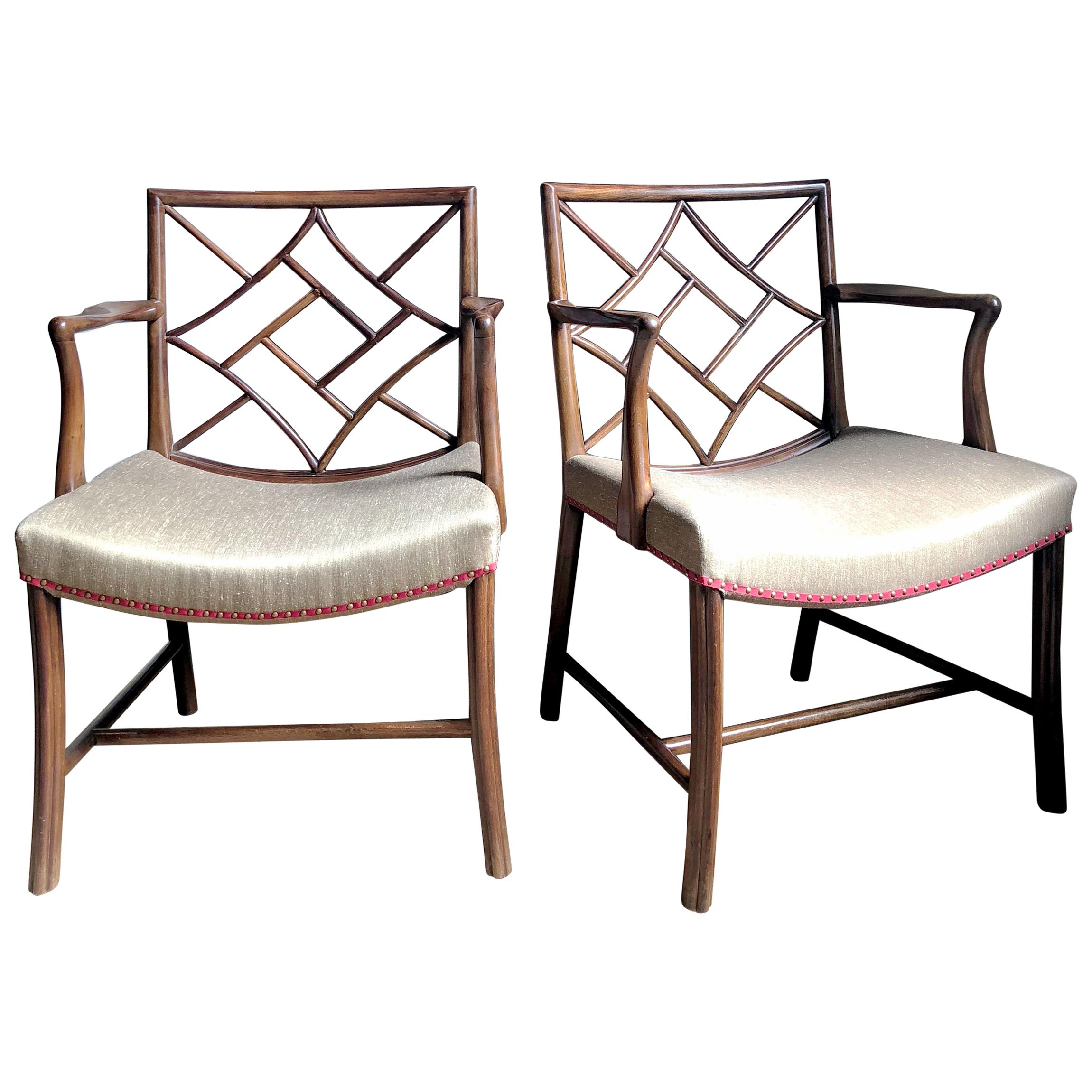 Pair of Chinese Chippendale Mahogany Lattice Back Armchairs