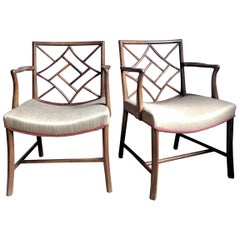 Pair of Chinese Chippendale Mahogany Lattice Back Armchairs