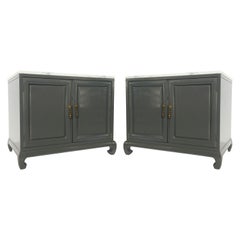 Pair of Chinese Chippendale Pagoda Nightstands with Marble Tops