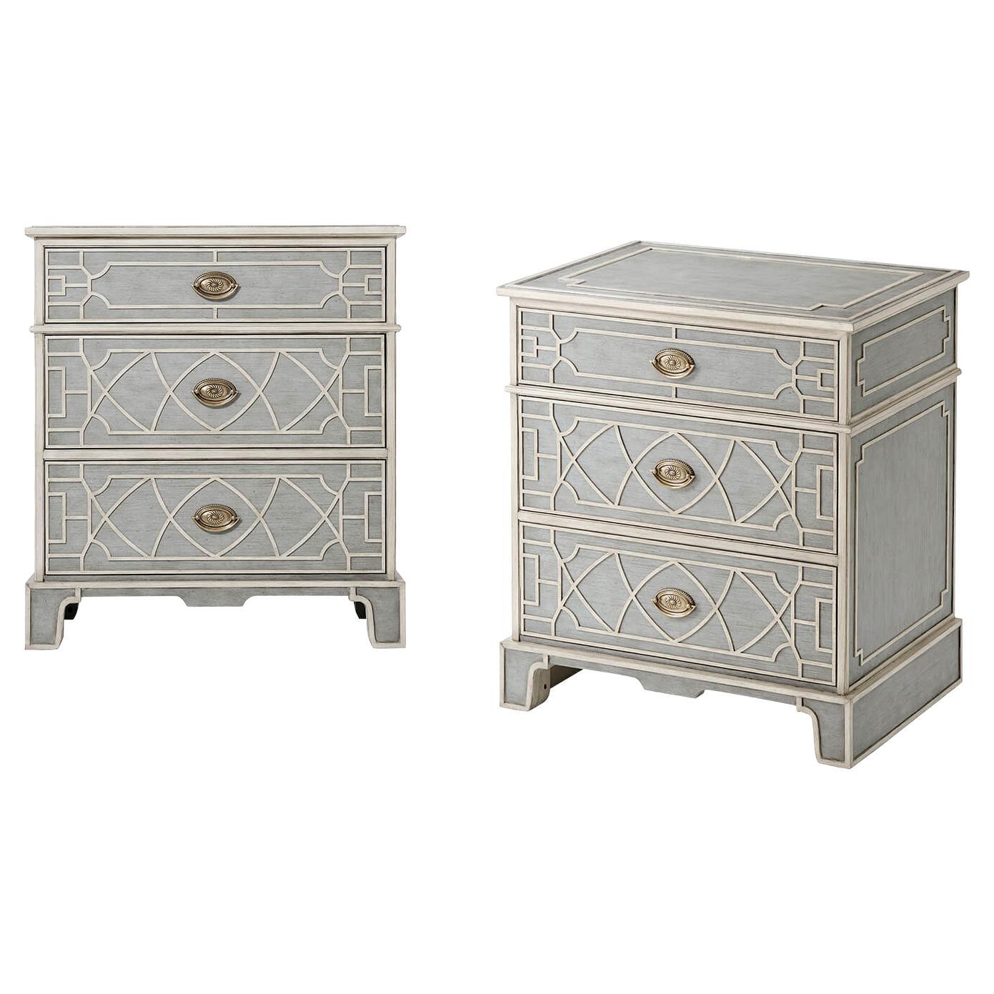 Pair of Chinese Chippendale Painted Nightstands For Sale