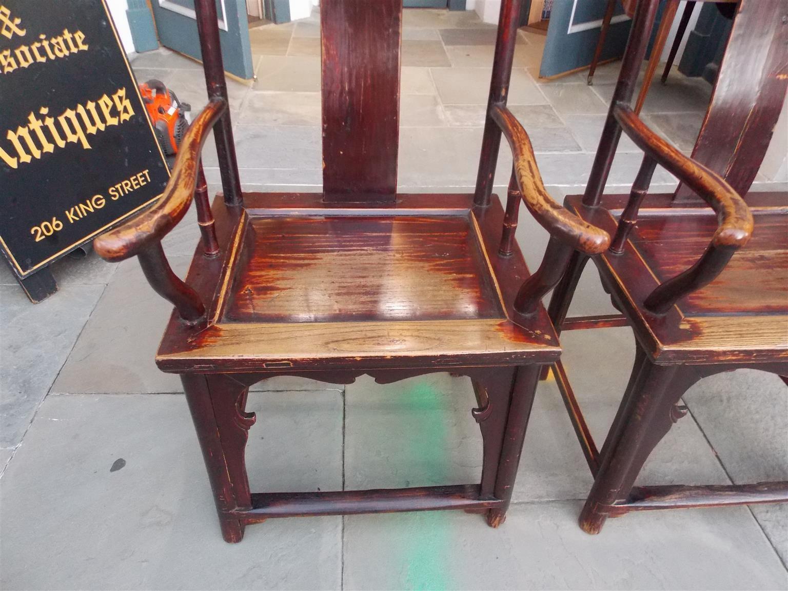 Pair of Chinese Chippendale Qing Dynasty Red Lacquered King Wood Arm Chairs 1840 For Sale 2