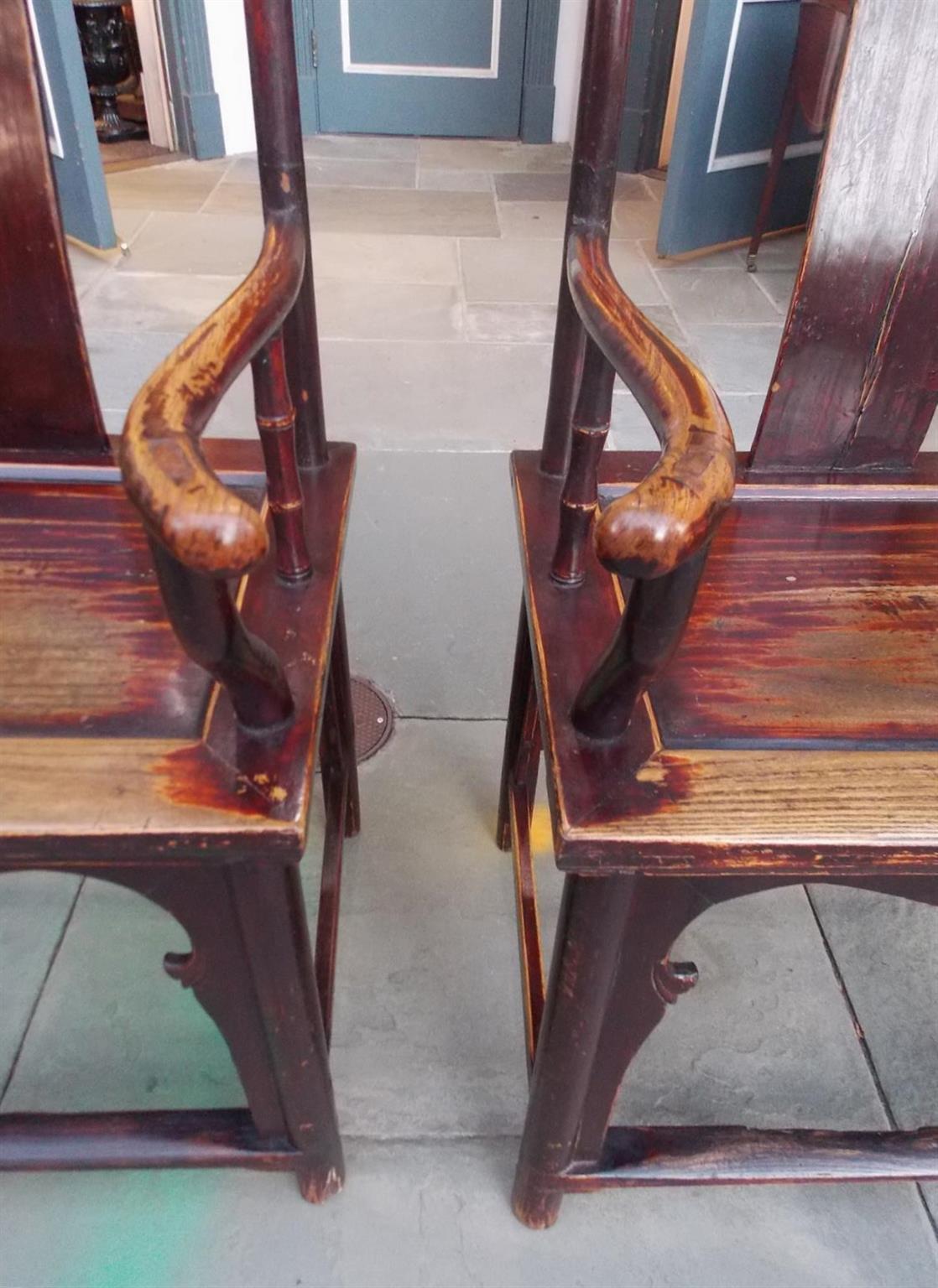 Pair of Chinese Chippendale Qing Dynasty Red Lacquered King Wood Arm Chairs 1840 For Sale 1