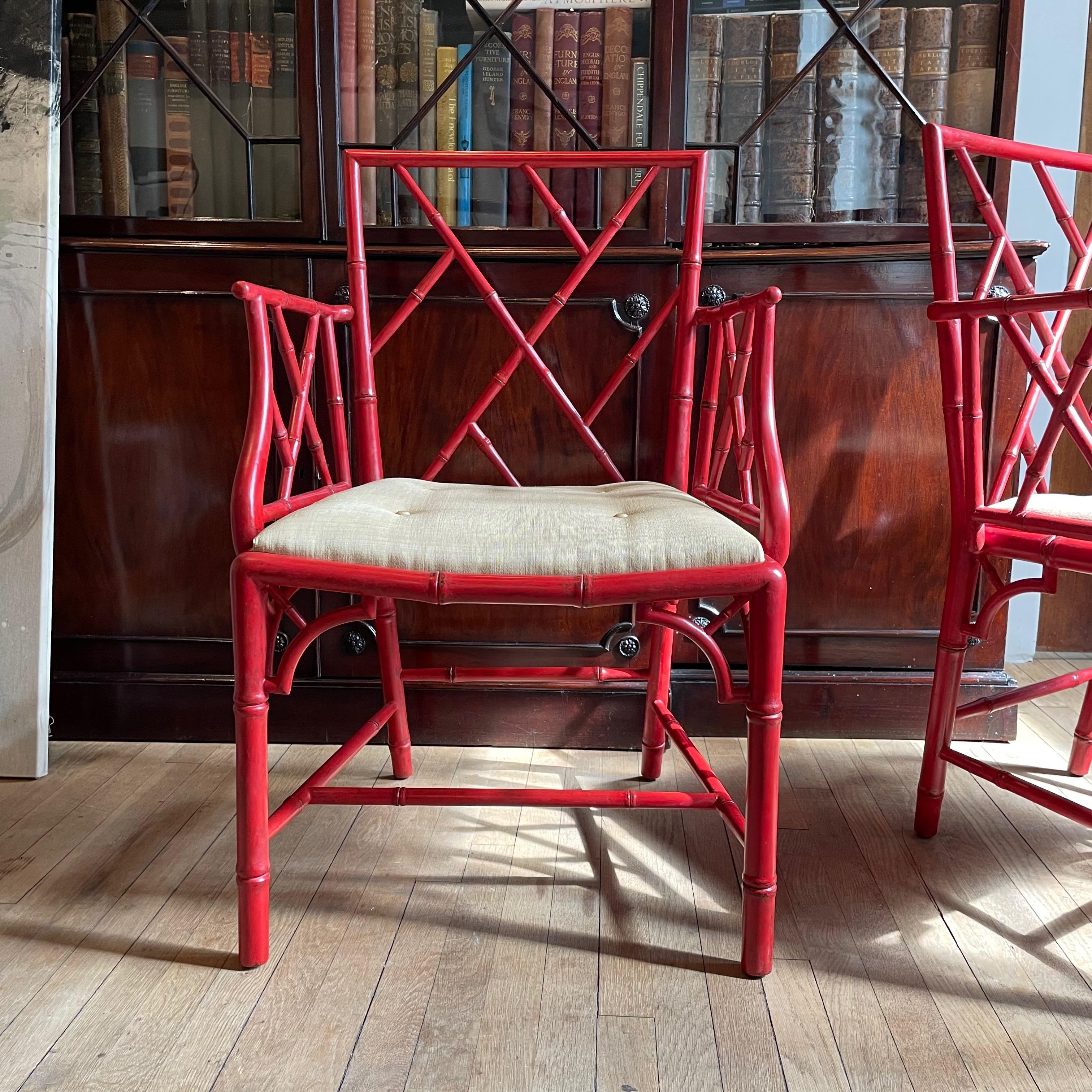 Pair of Chinese Chippendale Red Painted Cockpen Armchairs In Good Condition In New York, NY