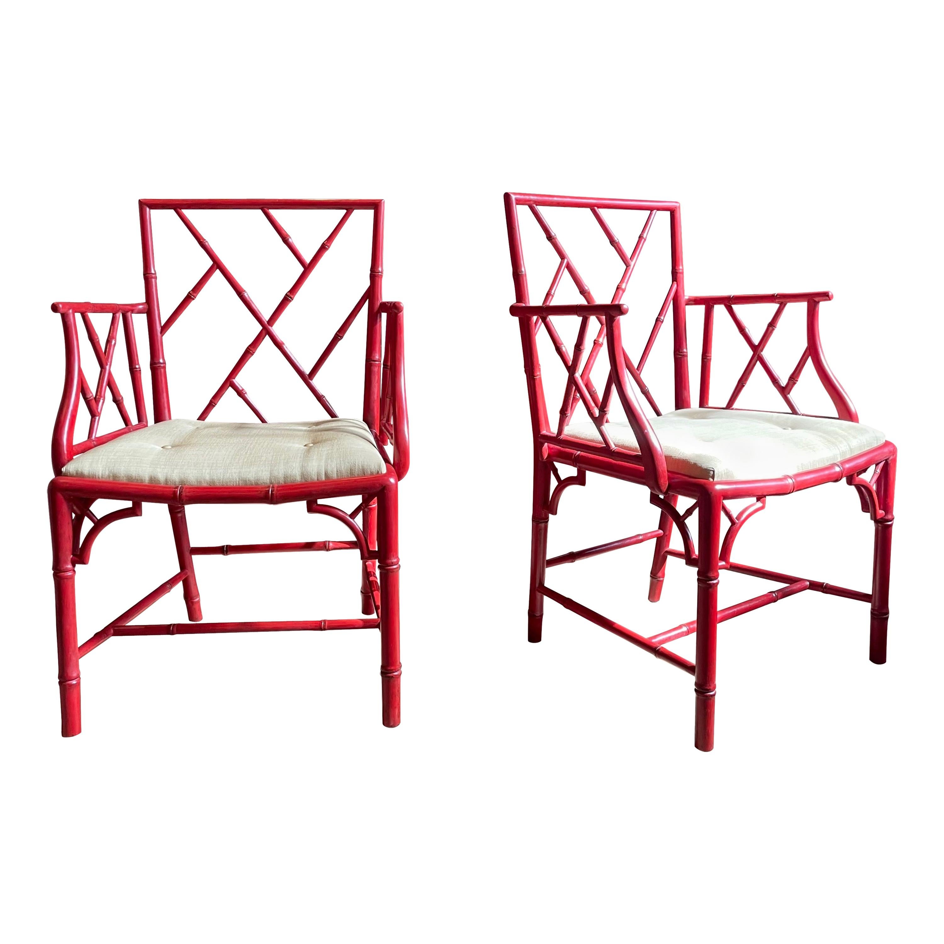 Pair of Chinese Chippendale Red Painted Cockpen Armchairs