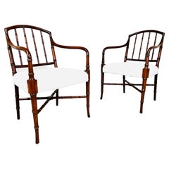 Pair Of Chinese Chippendale Spun Mahogany Faux Bamboo Armchairs With Boucle