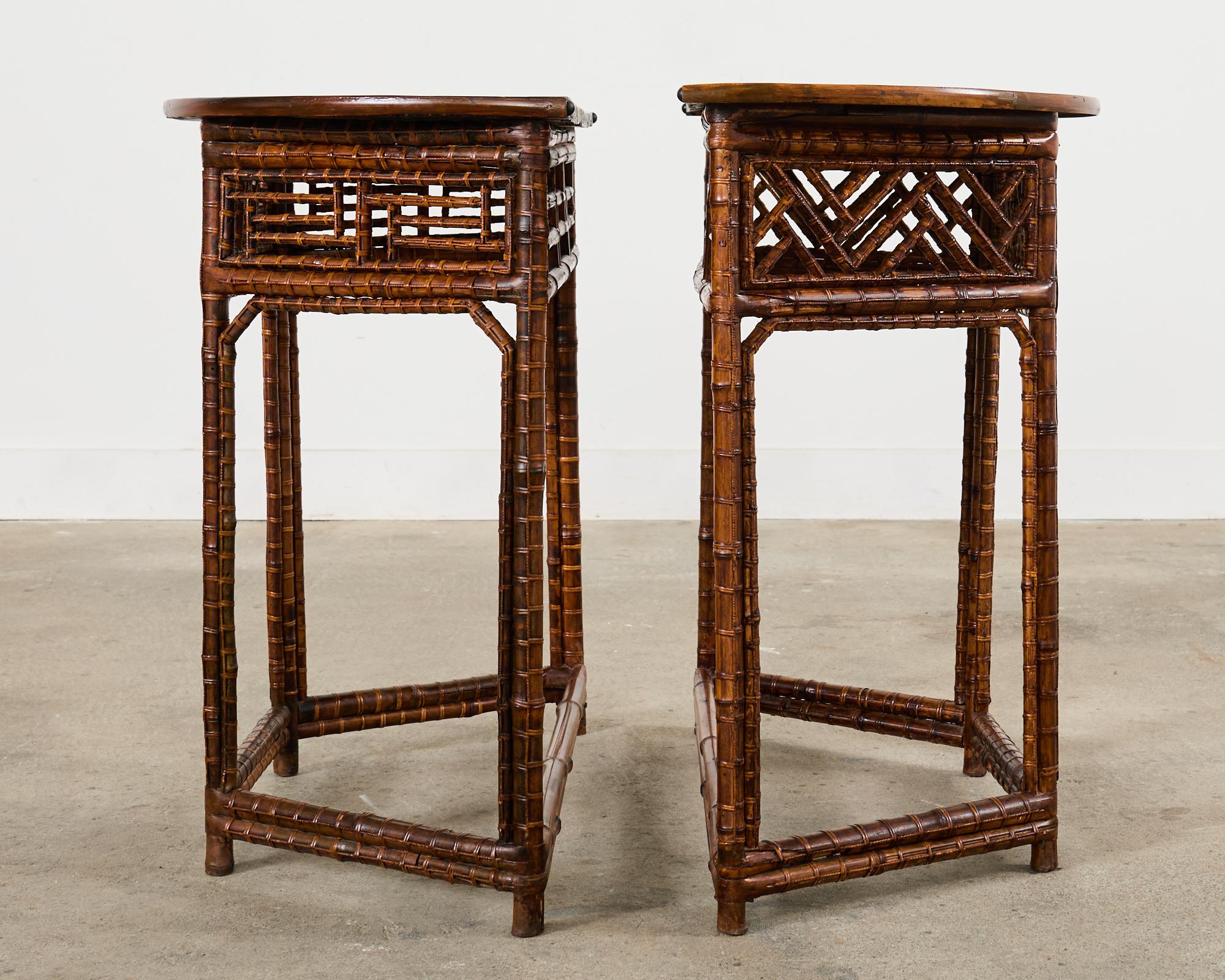 Pair of Chinese Chippendale Style Bamboo Demilune Console Tables For Sale 6