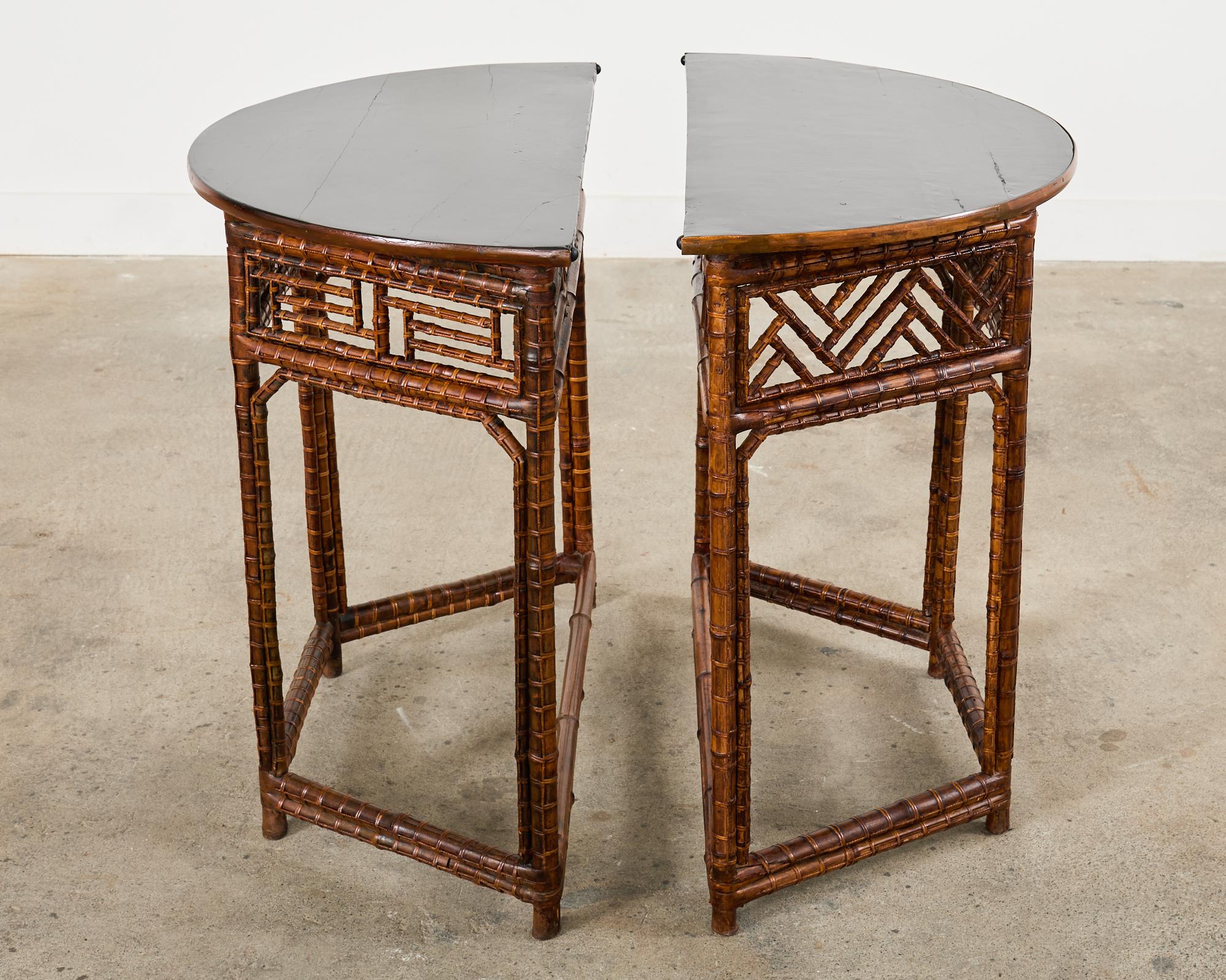 Pair of Chinese Chippendale Style Bamboo Demilune Console Tables For Sale 11