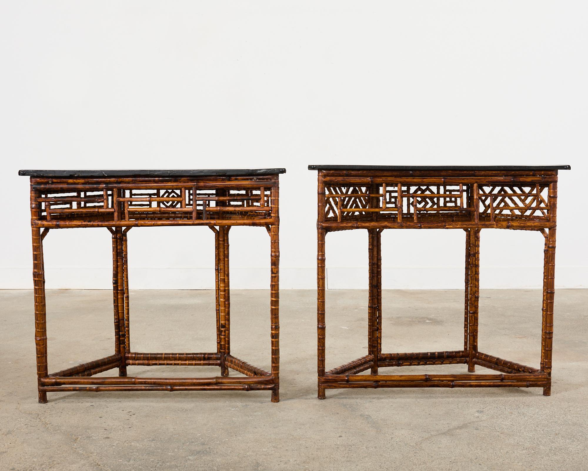 Pair of Chinese Chippendale Style Bamboo Demilune Console Tables 14