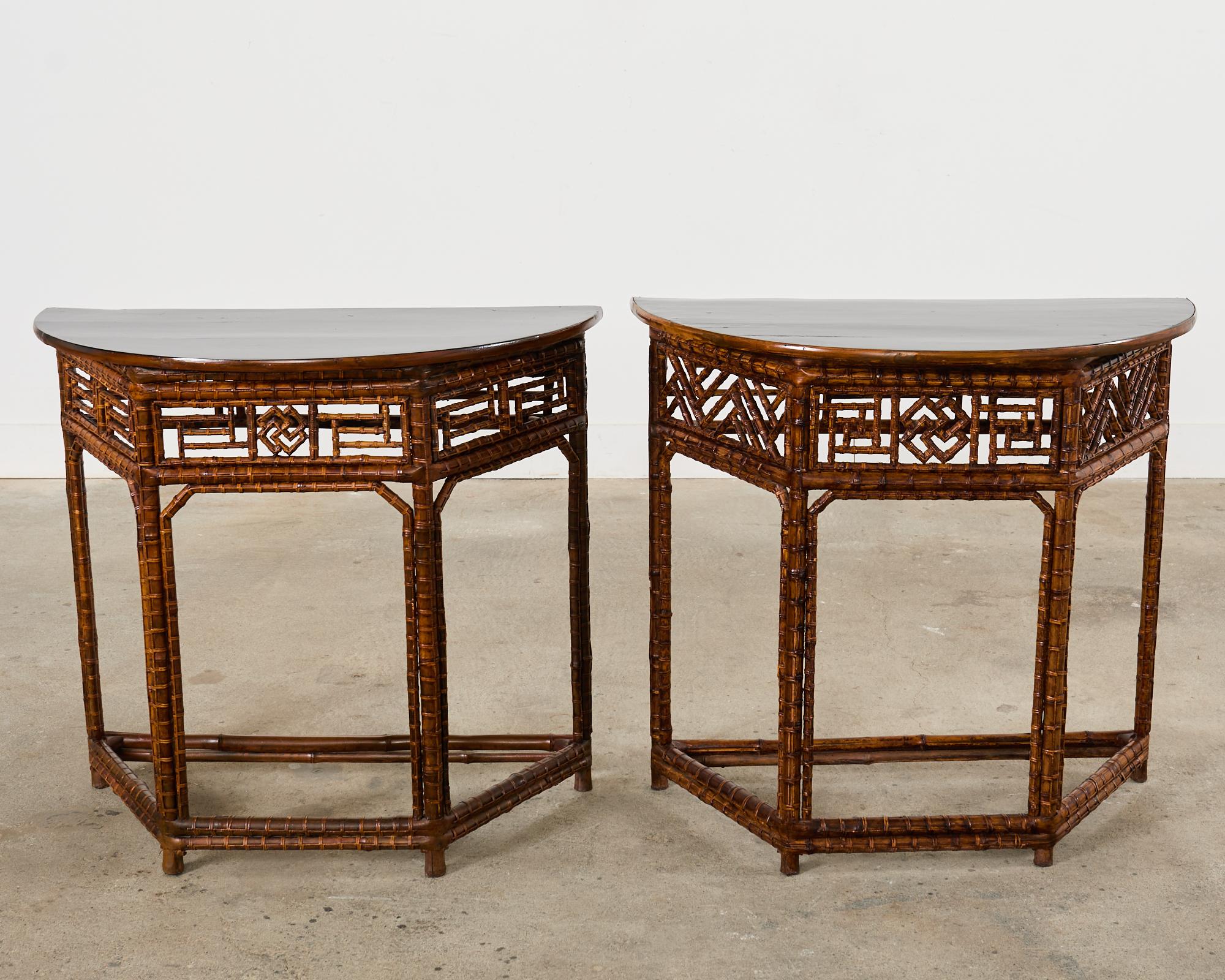 Lacquered Pair of Chinese Chippendale Style Bamboo Demilune Console Tables For Sale
