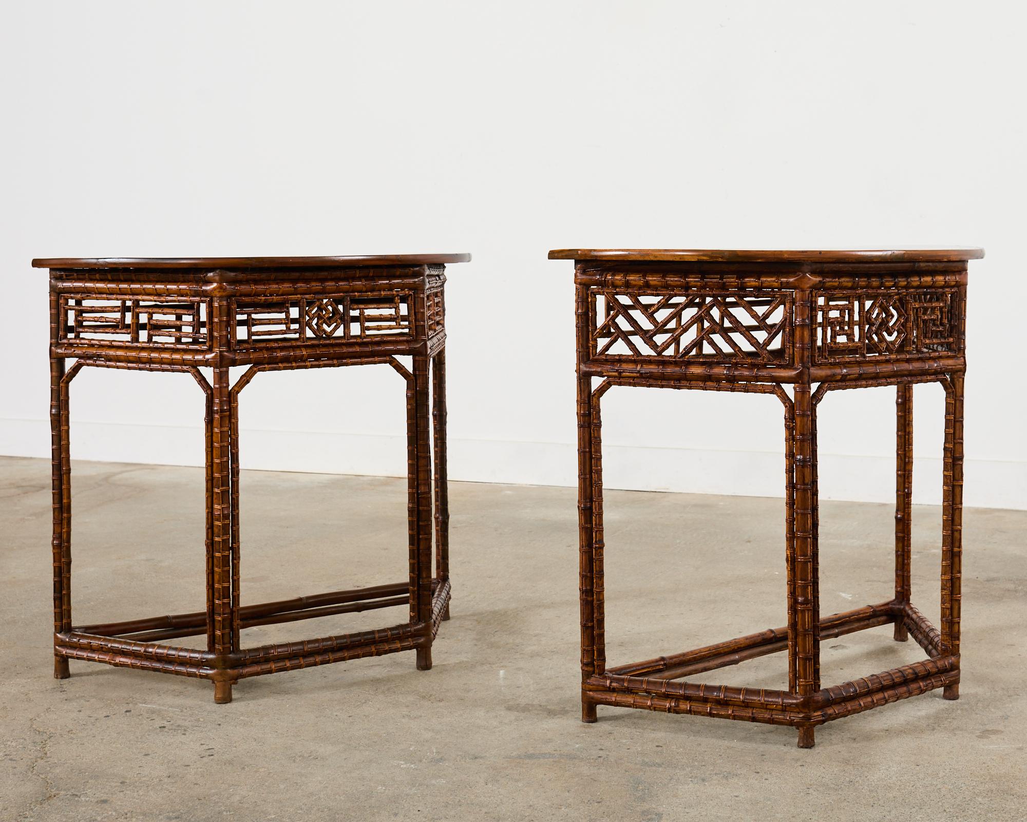 Pair of Chinese Chippendale Style Bamboo Demilune Console Tables In Good Condition In Rio Vista, CA