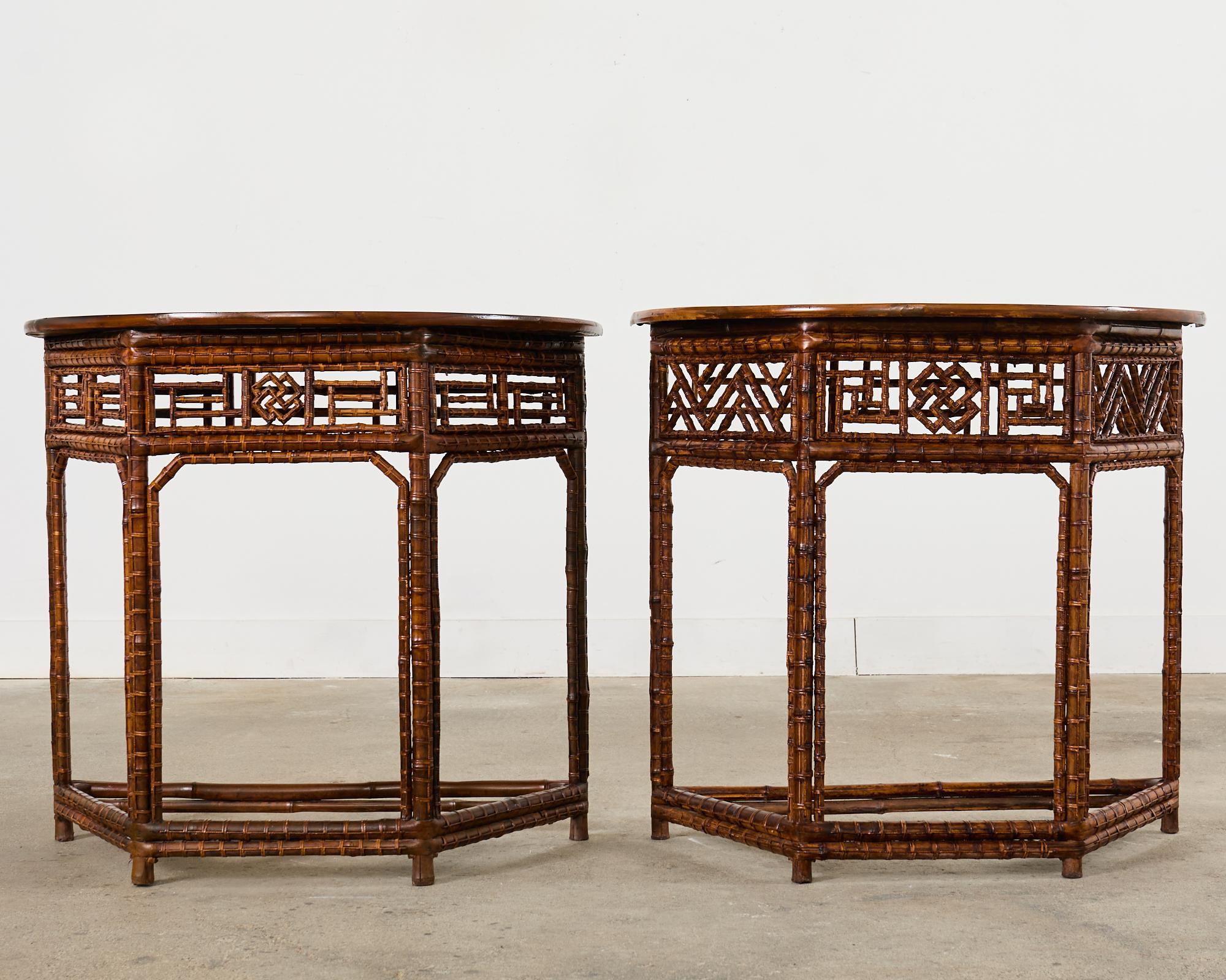20th Century Pair of Chinese Chippendale Style Bamboo Demilune Console Tables For Sale
