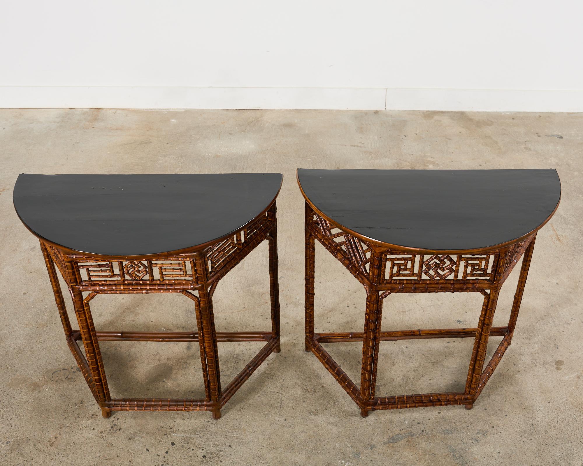 Pair of Chinese Chippendale Style Bamboo Demilune Console Tables For Sale 1