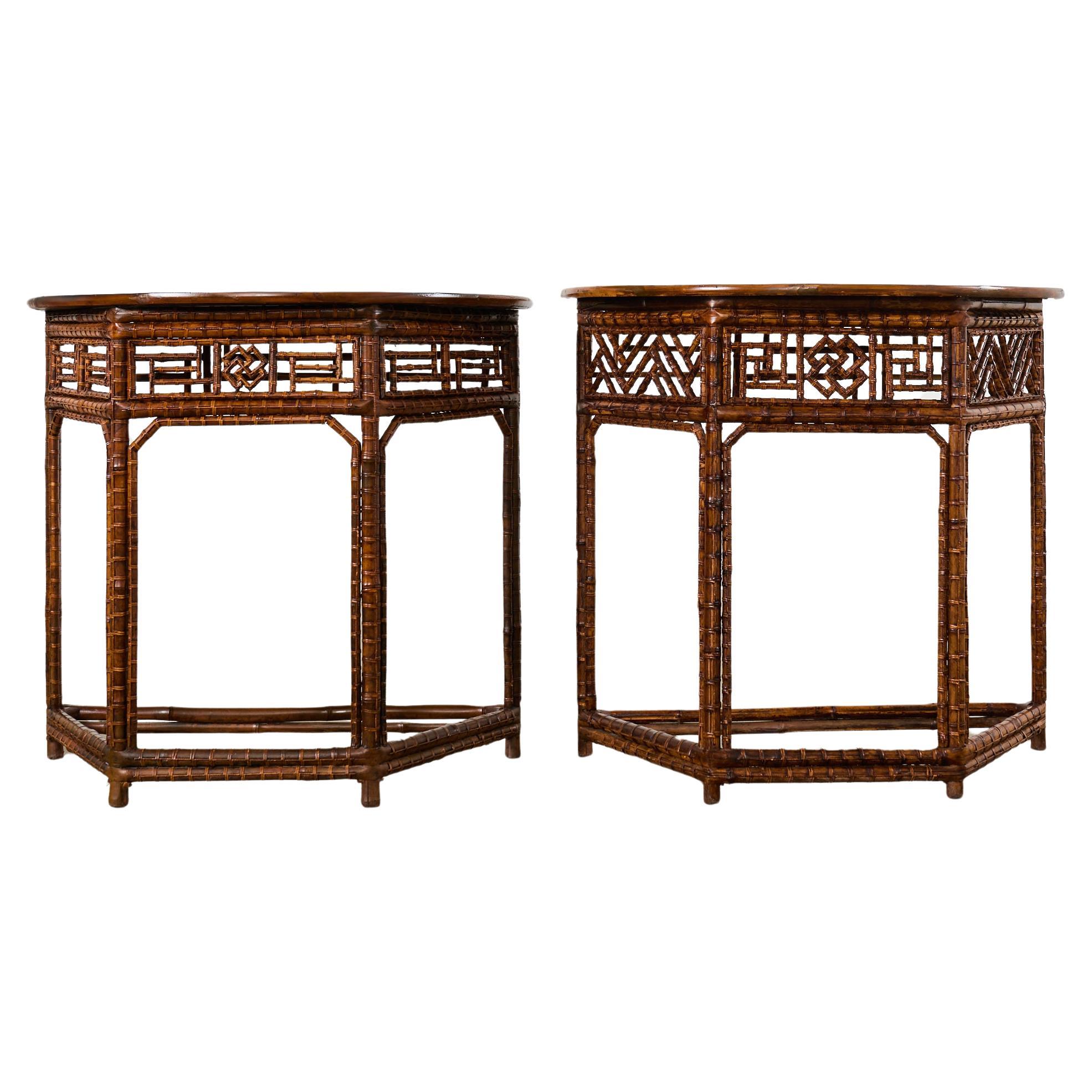 Pair of Chinese Chippendale Style Bamboo Demilune Console Tables For Sale