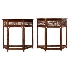 Vintage Pair of Chinese Chippendale Style Bamboo Demilune Console Tables