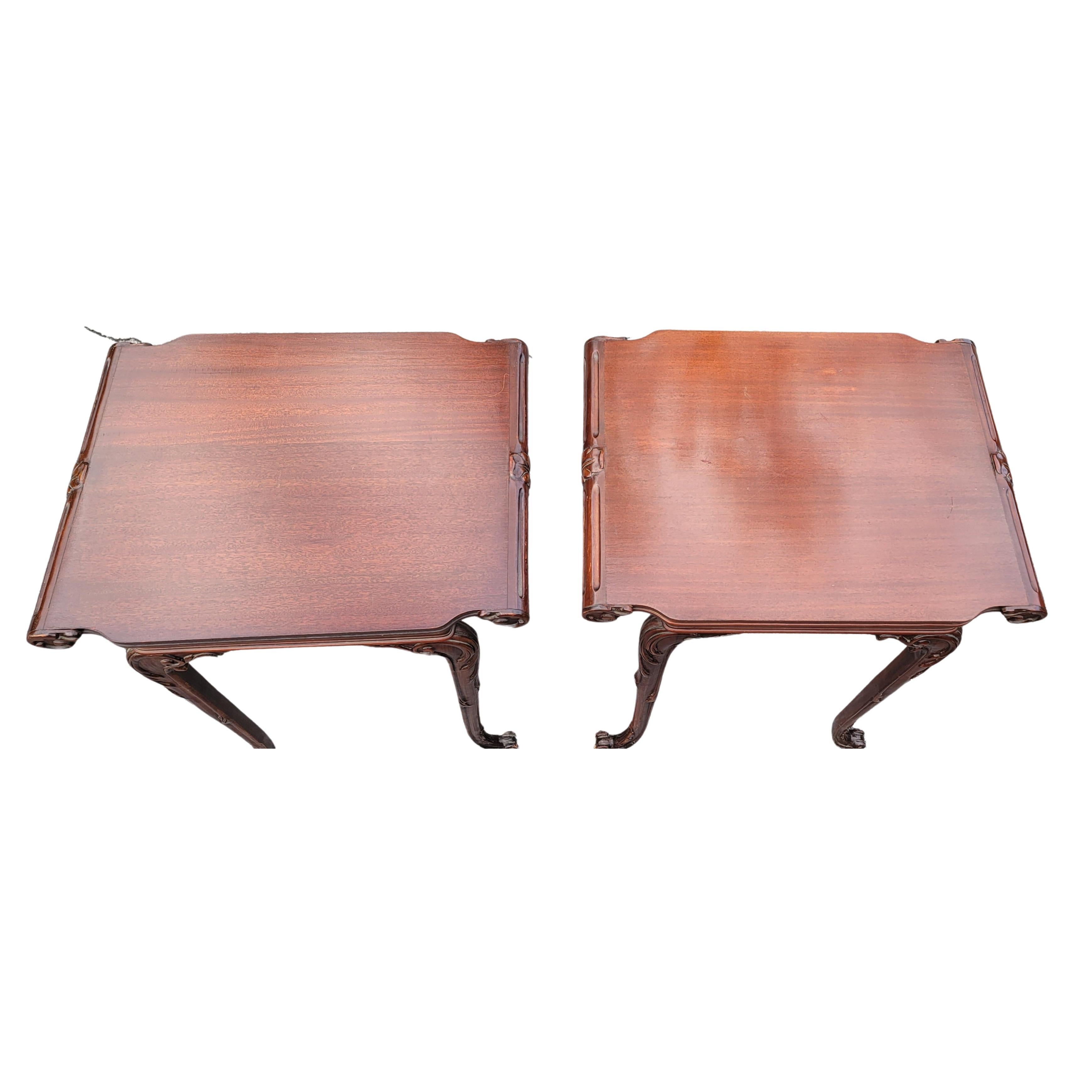 Pair of Chinese Chippendale Style Carved Mahogany End Tables For Sale 2