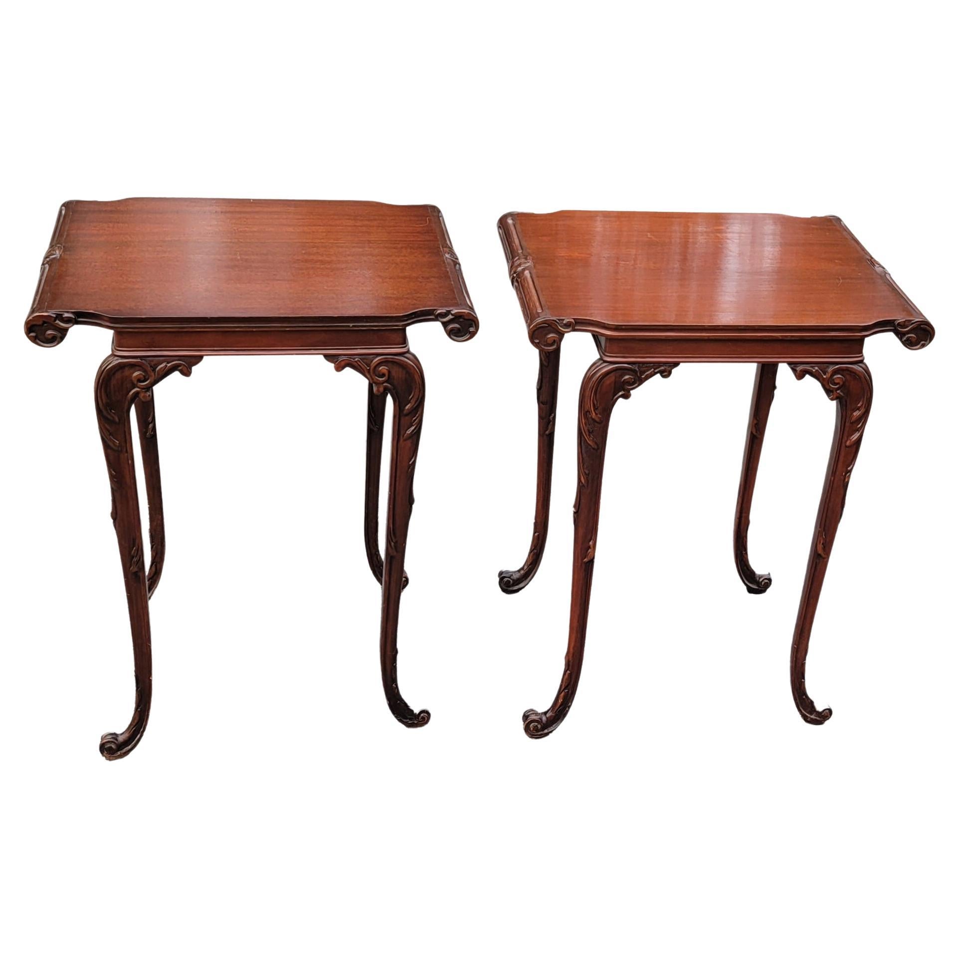 Pair of Chinese Chippendale Style Carved Mahogany End Tables