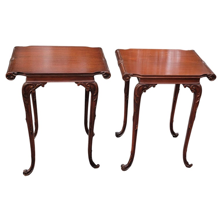 Pair of Chinese Chippendale Style Carved Mahogany End Tables For Sale