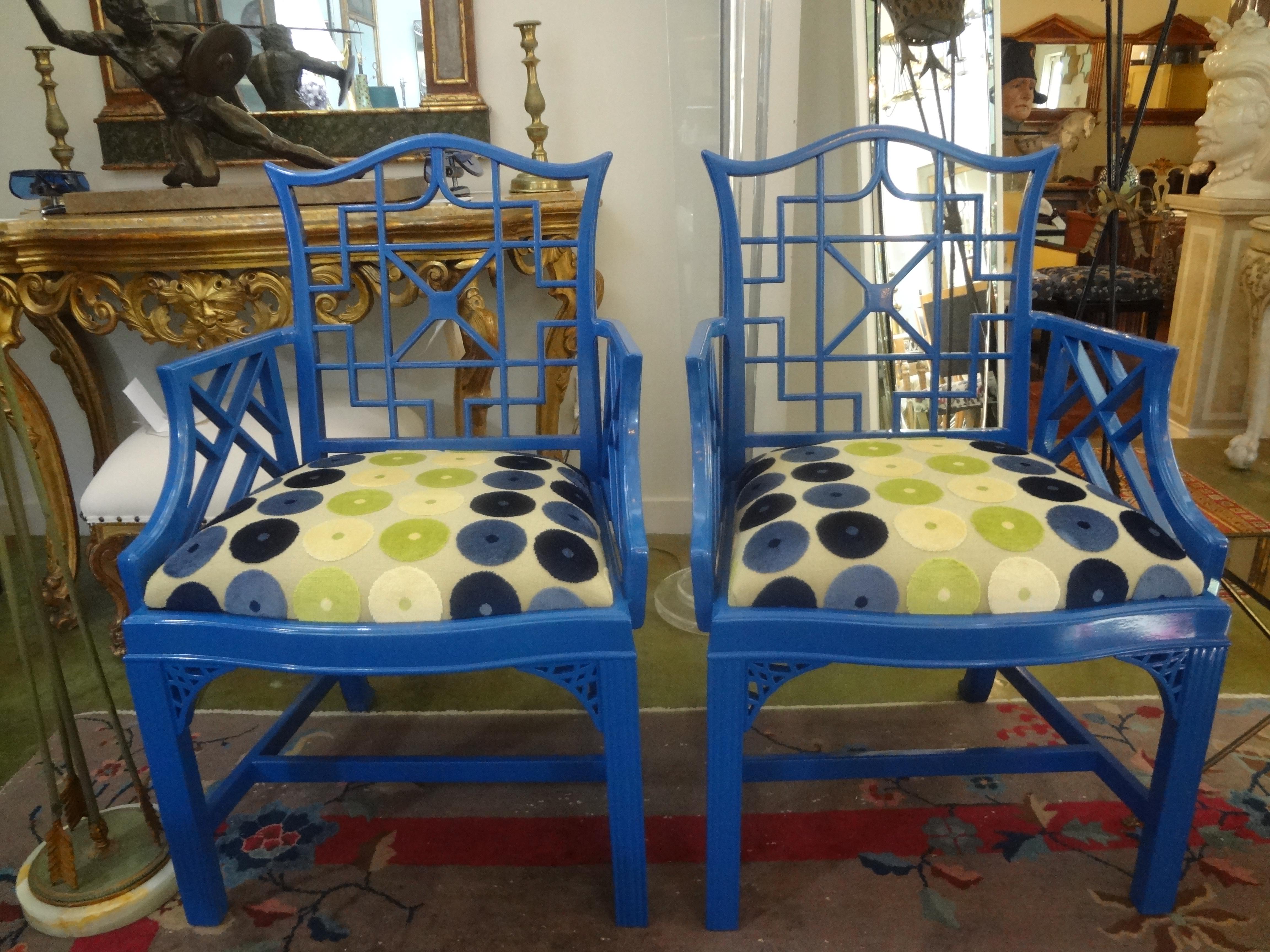 Wood Pair of Chinese Chippendale Style Chairs For Sale