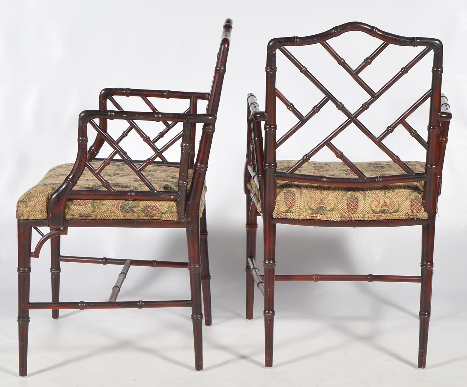 Asian Pair of Chinese Chippendale Style Faux Bamboo Armchairs with Pineapple Fabric