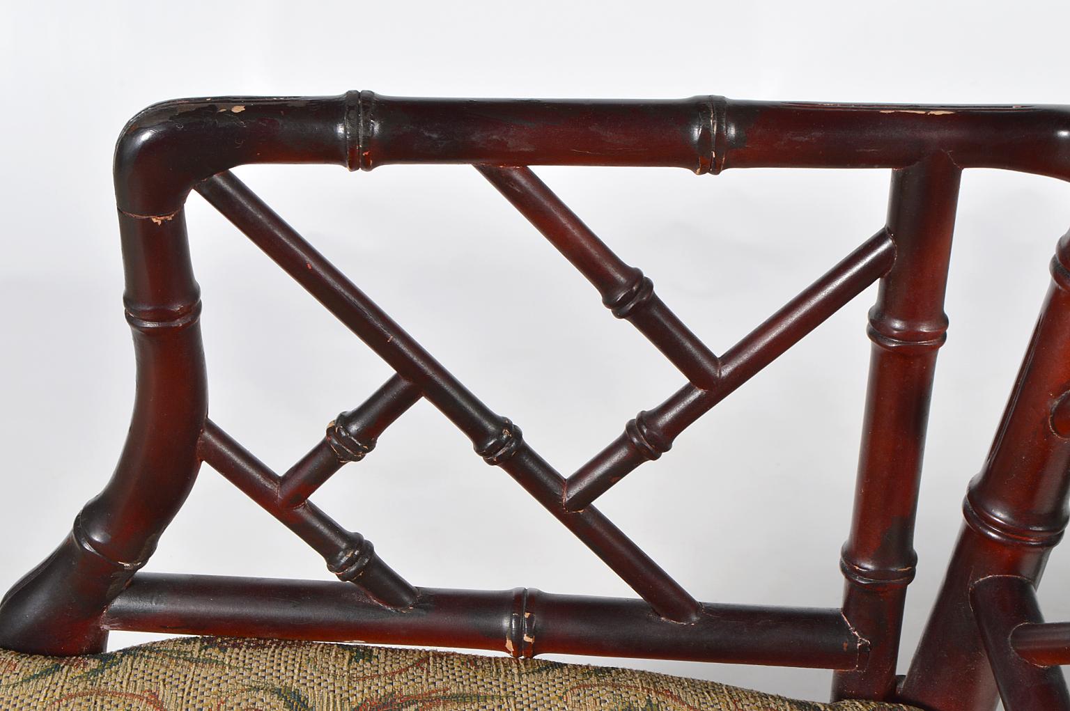 Pair of Chinese Chippendale Style Faux Bamboo Armchairs with Pineapple Fabric In Good Condition In Ft. Lauderdale, FL