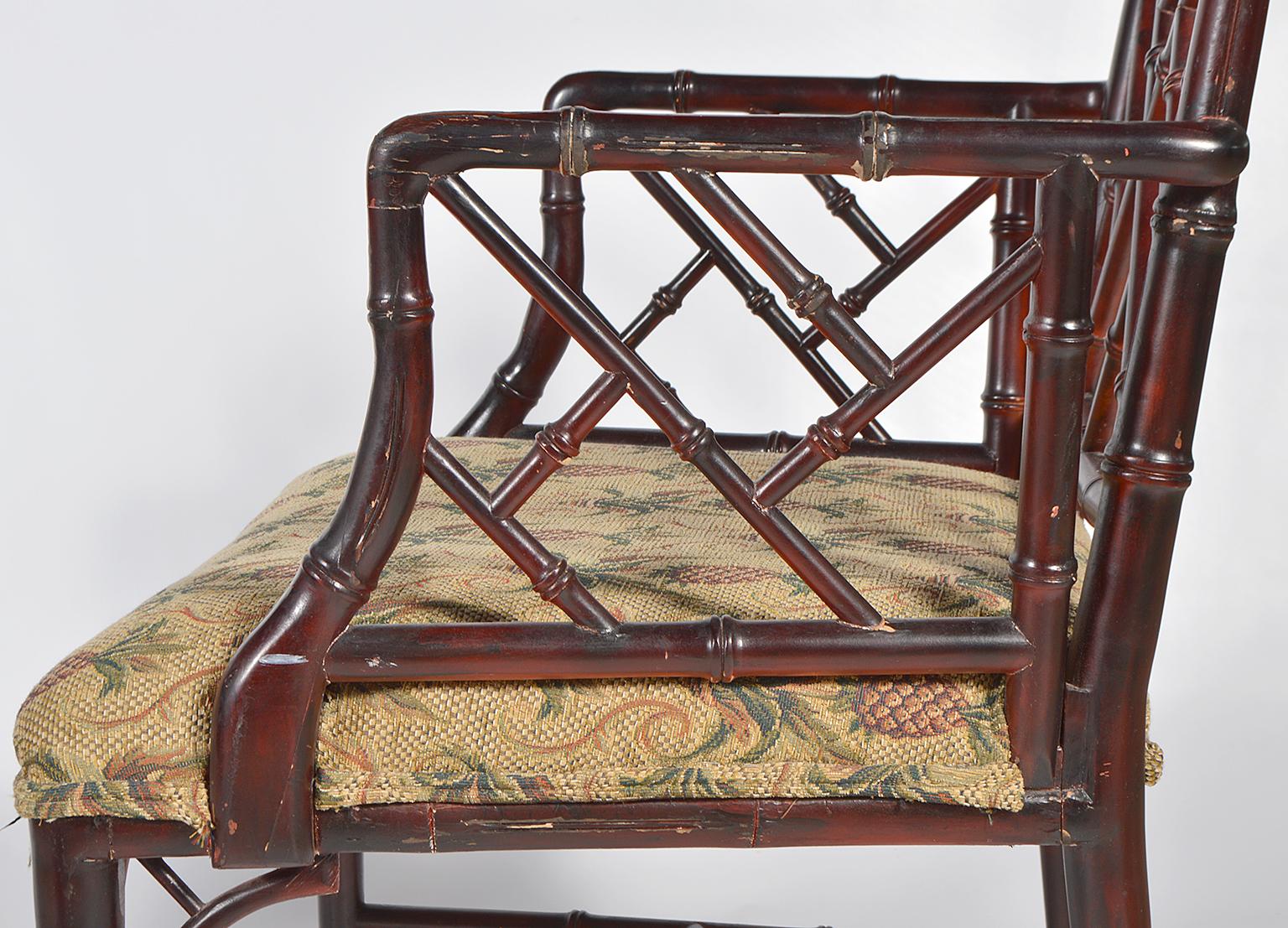 20th Century Pair of Chinese Chippendale Style Faux Bamboo Armchairs with Pineapple Fabric