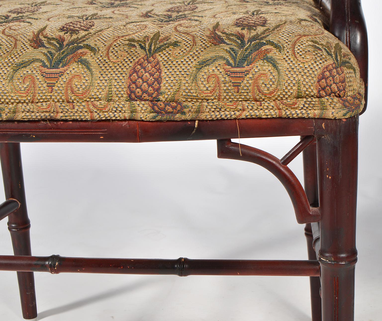 Pair of Chinese Chippendale Style Faux Bamboo Armchairs with Pineapple Fabric 2