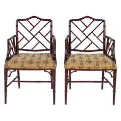 Pair of Chinese Chippendale Style Faux Bamboo Armchairs with Pineapple Fabric