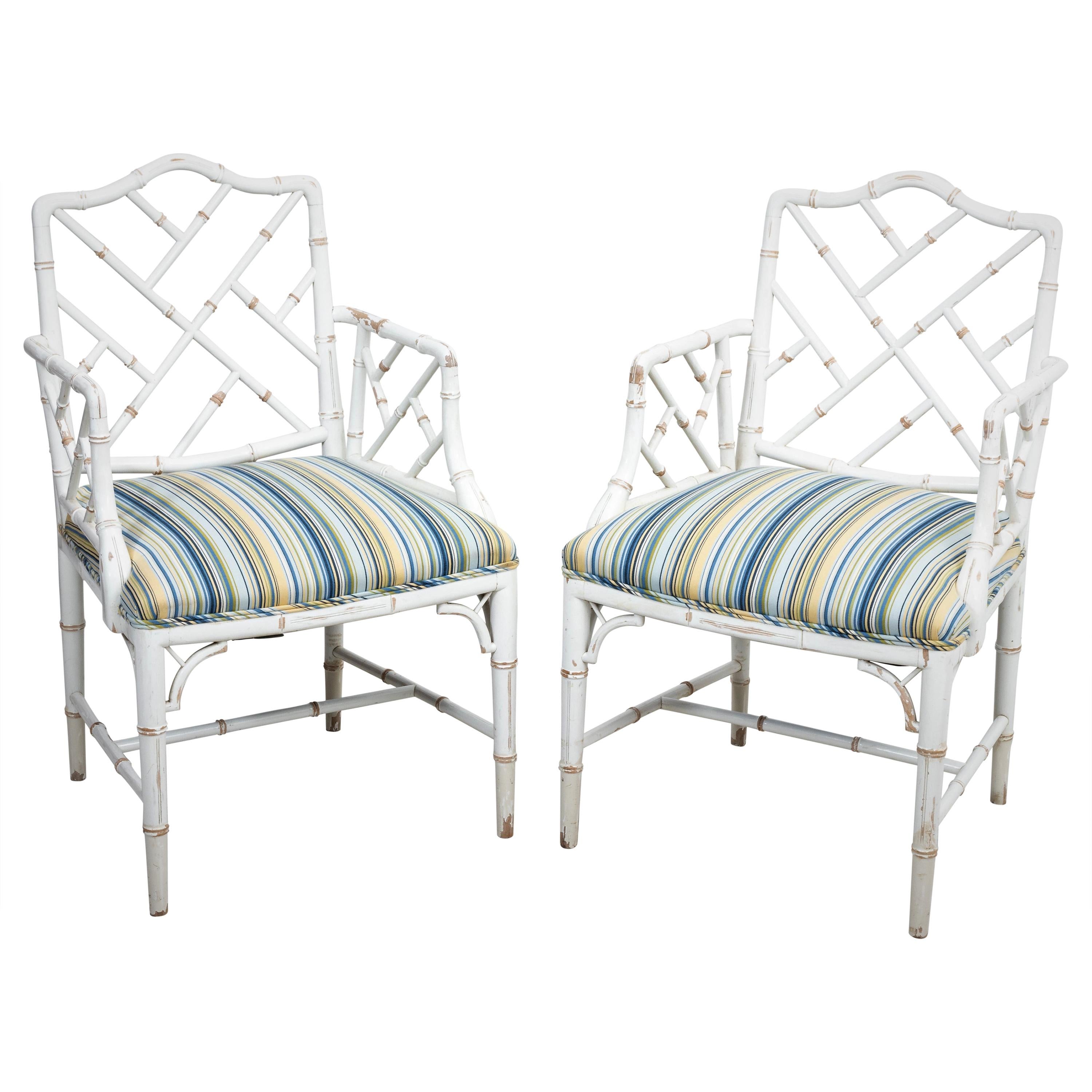 Pair of Painted Chinese Chippendale Style Faux Bamboo Chairs
