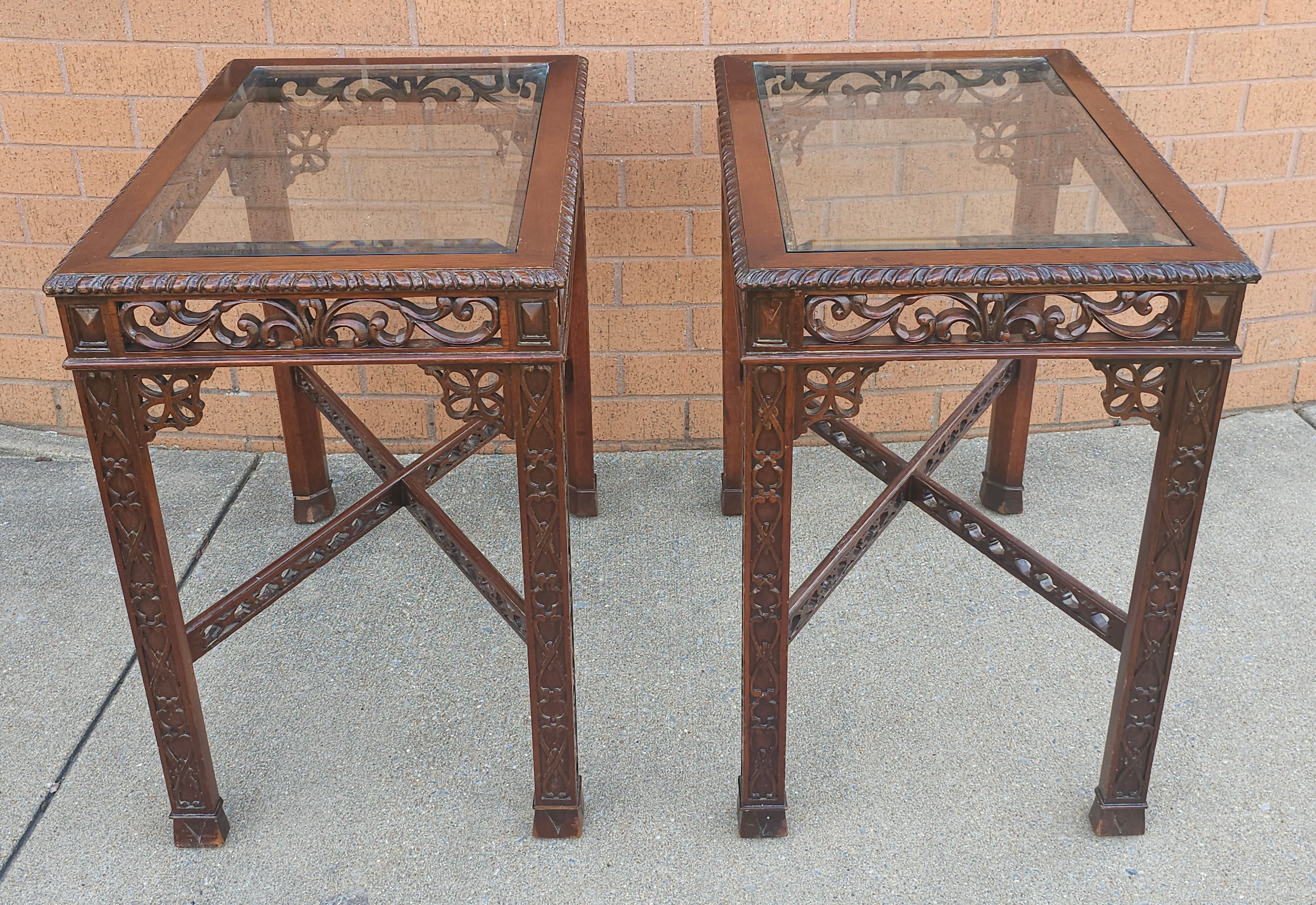 American Pair Of Chinese Chippendale Style Fretwork and Glass Inset Mahogany Side Tables For Sale