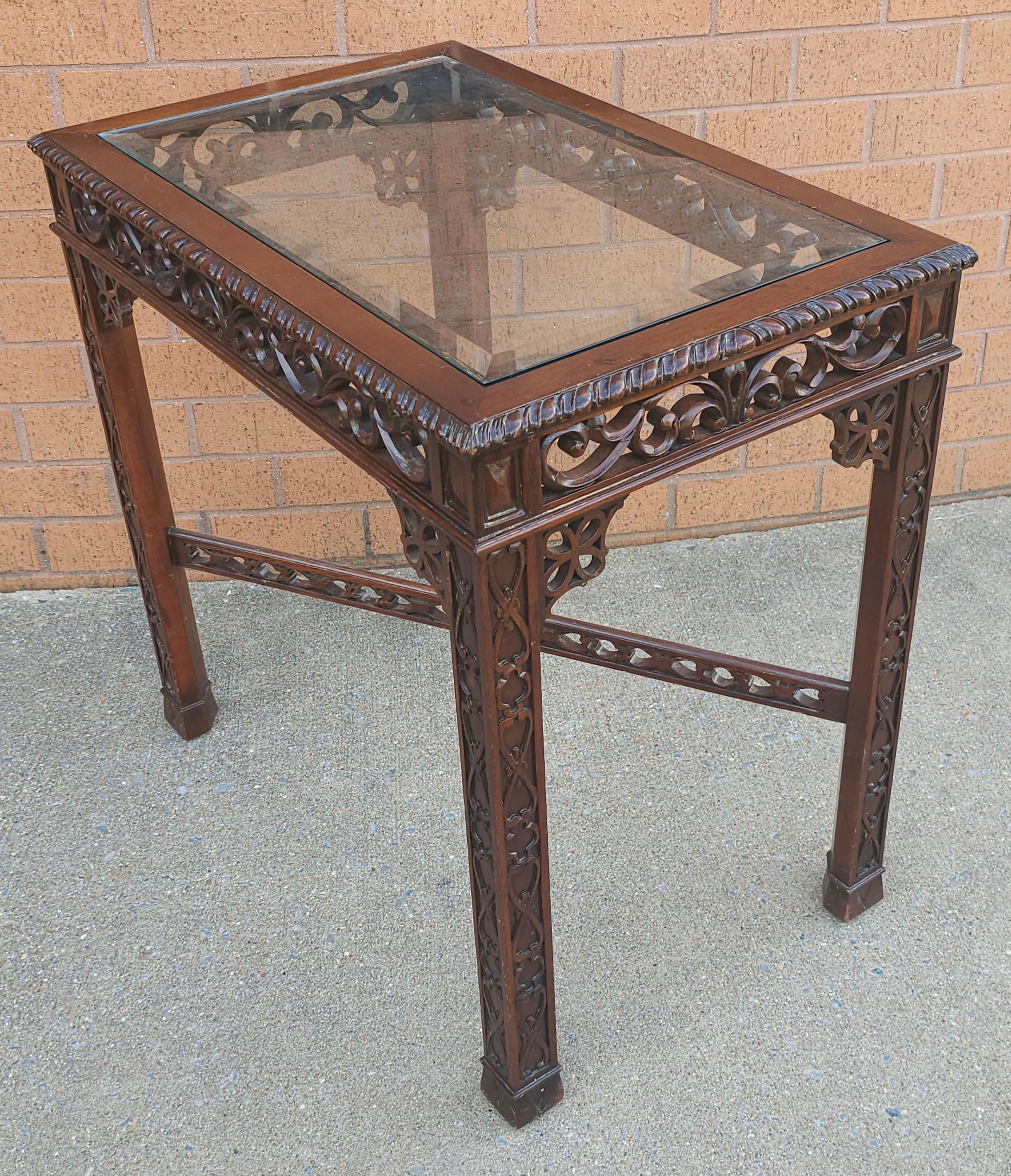 20th Century Pair Of Chinese Chippendale Style Fretwork and Glass Inset Mahogany Side Tables For Sale