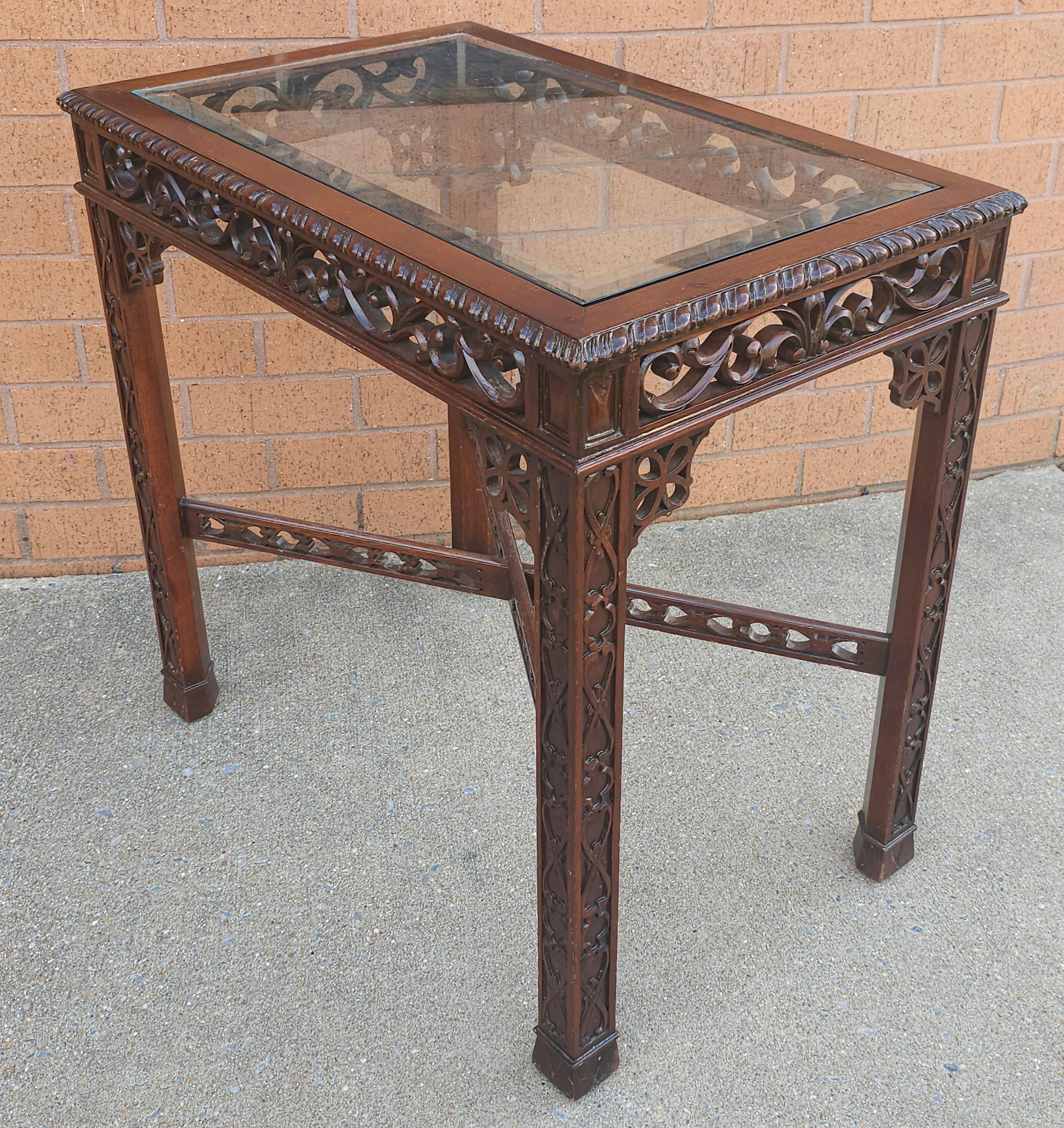 Pair Of Chinese Chippendale Style Fretwork and Glass Inset Mahogany Side Tables For Sale 1