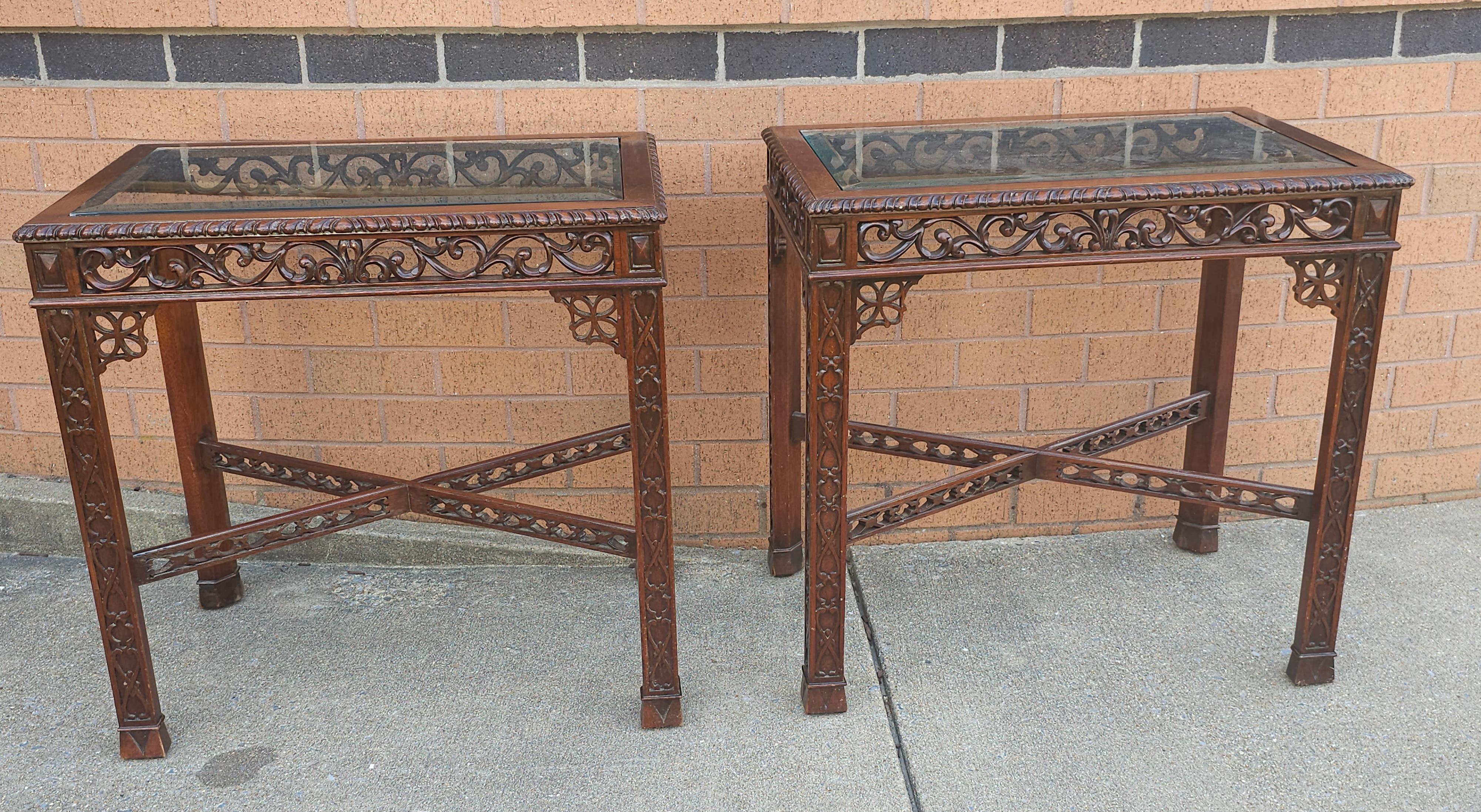 Pair Of Chinese Chippendale Style Fretwork and Glass Inset Mahogany Side Tables For Sale 2